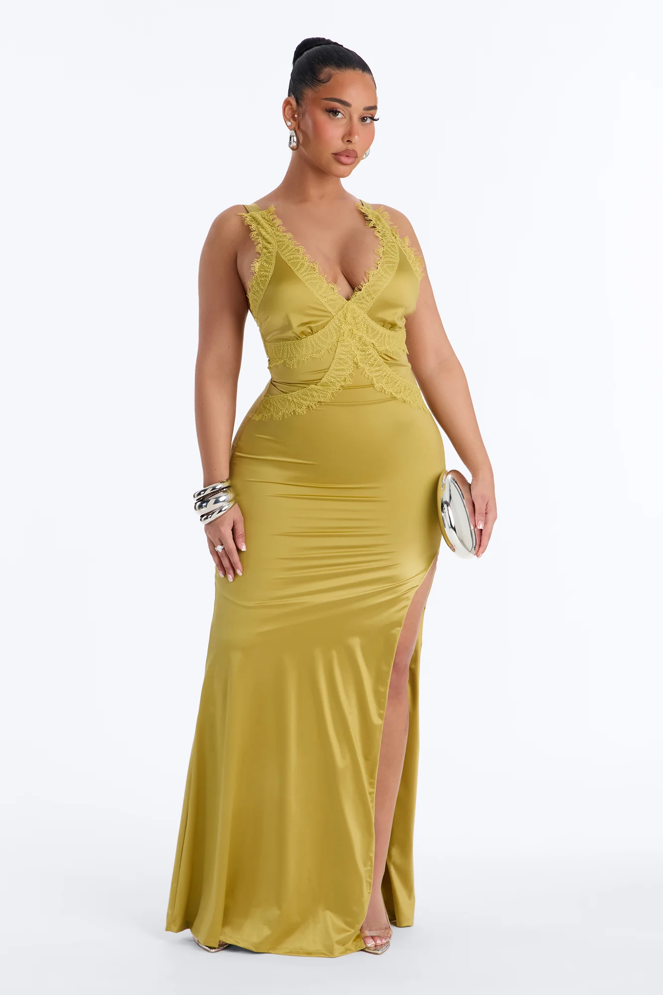Thea Lace Satin Maxi Dress - Olive