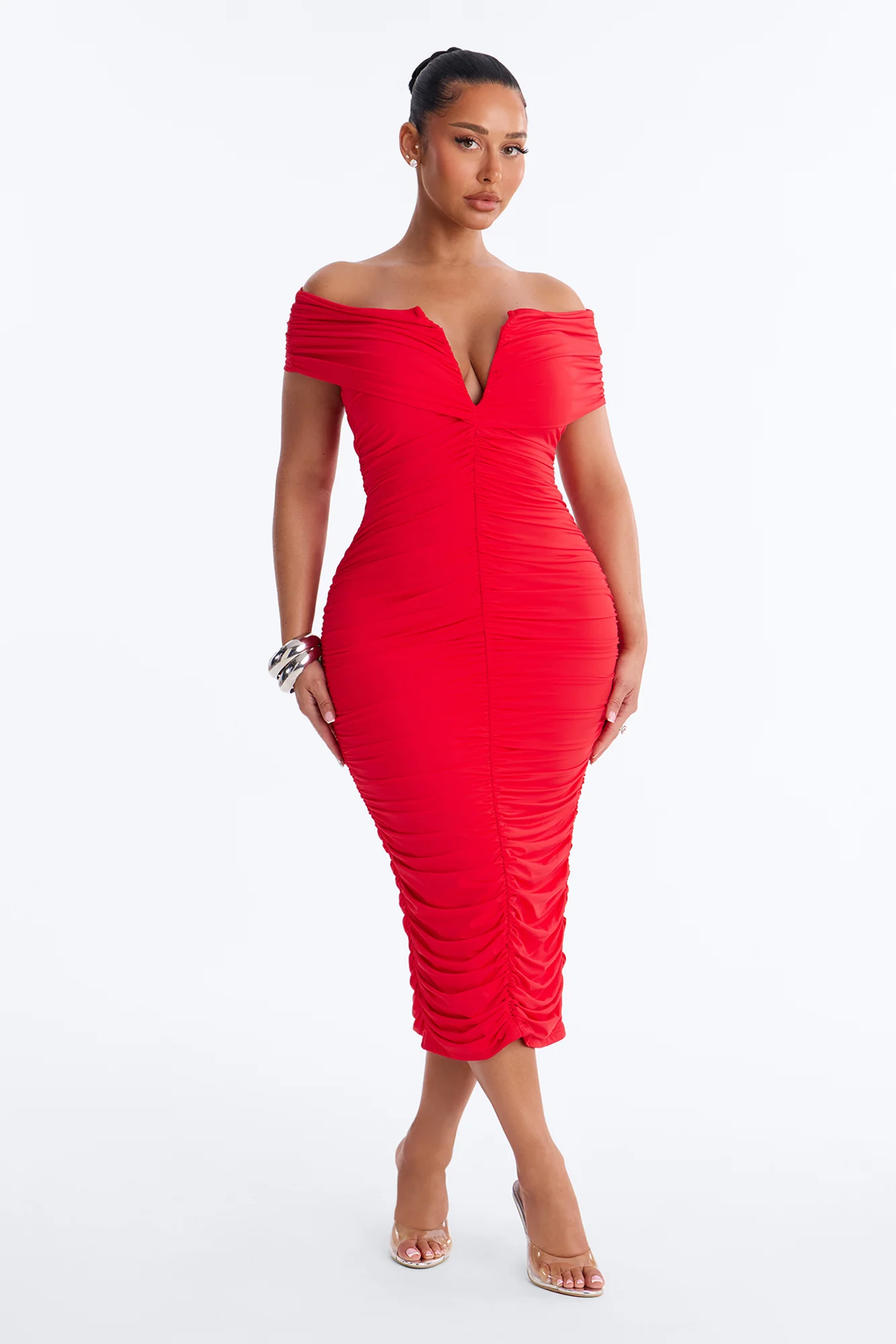 Thea Ruched Off Shoulder Midi Dress - Red
