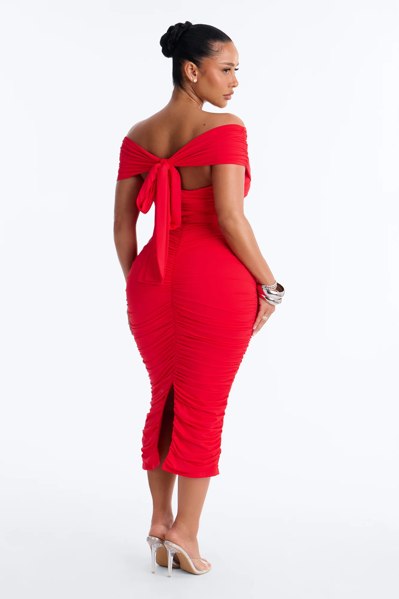 Thea Ruched Off Shoulder Midi Dress - Red - Image 4