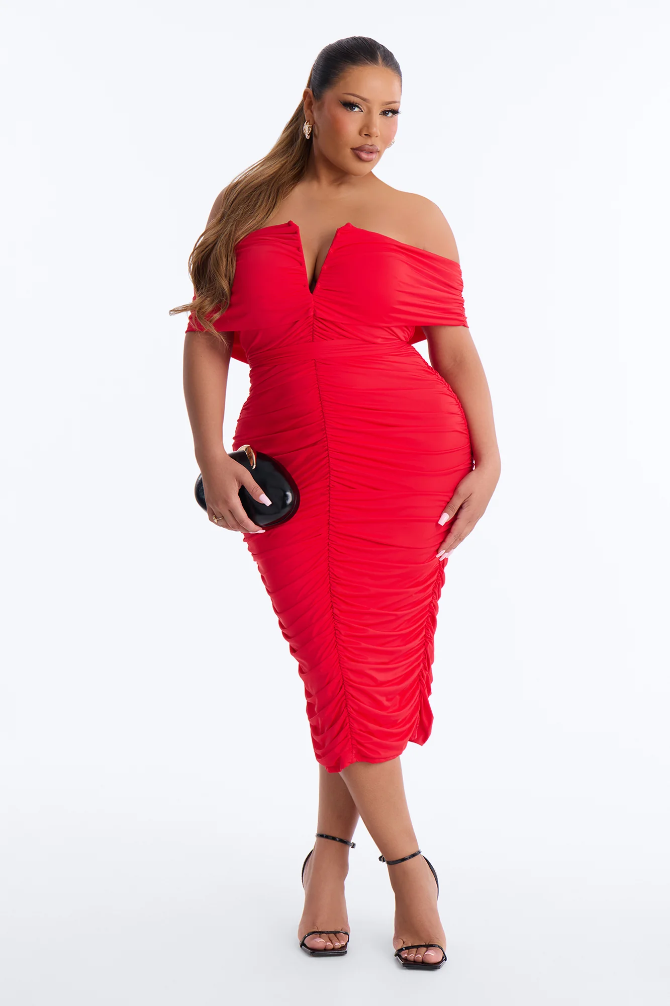 Thea Ruched Off Shoulder Midi Dress - Red - Image 5