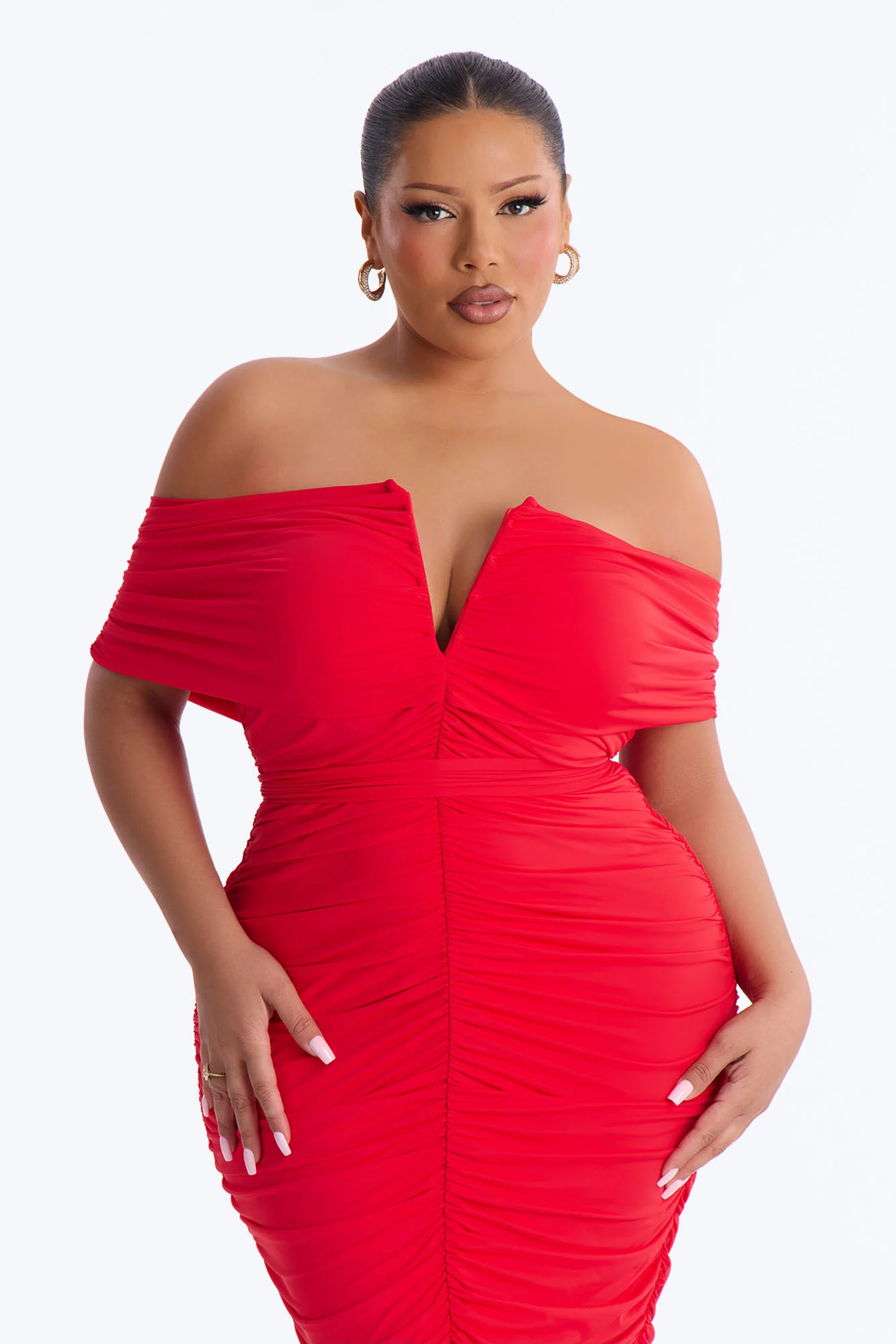 Thea Ruched Off Shoulder Midi Dress - Red - Image 6