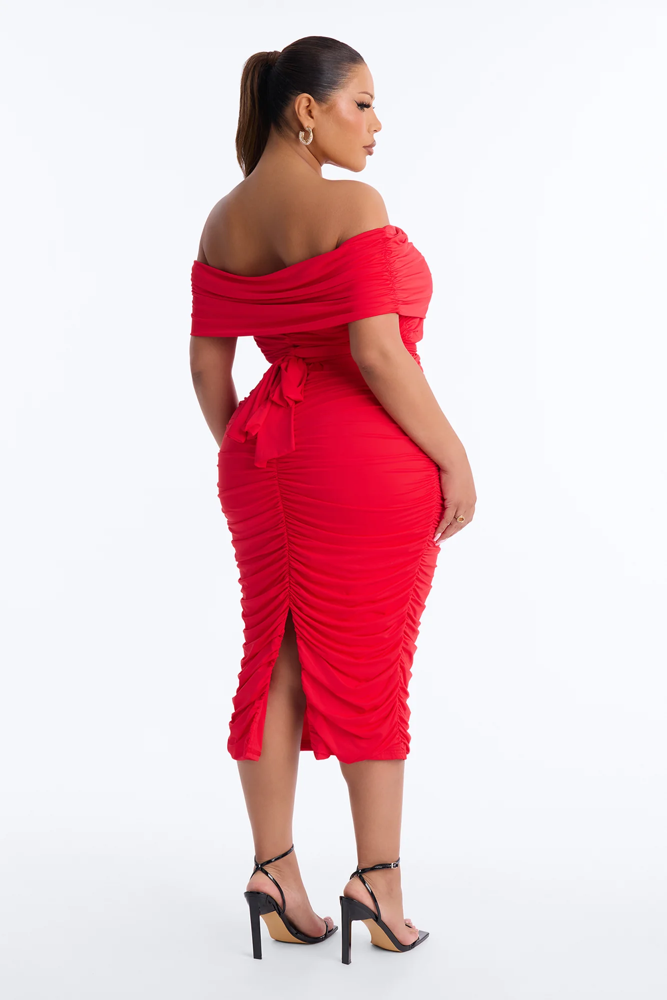 Thea Ruched Off Shoulder Midi Dress - Red - Image 8