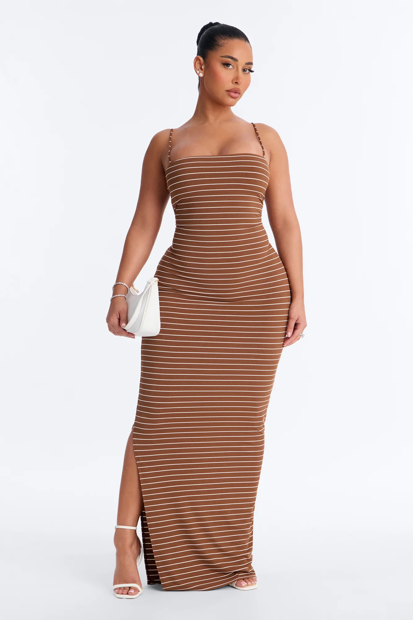 Thea Striped Twist Back Ribbed Maxi Dress - Brown/combo