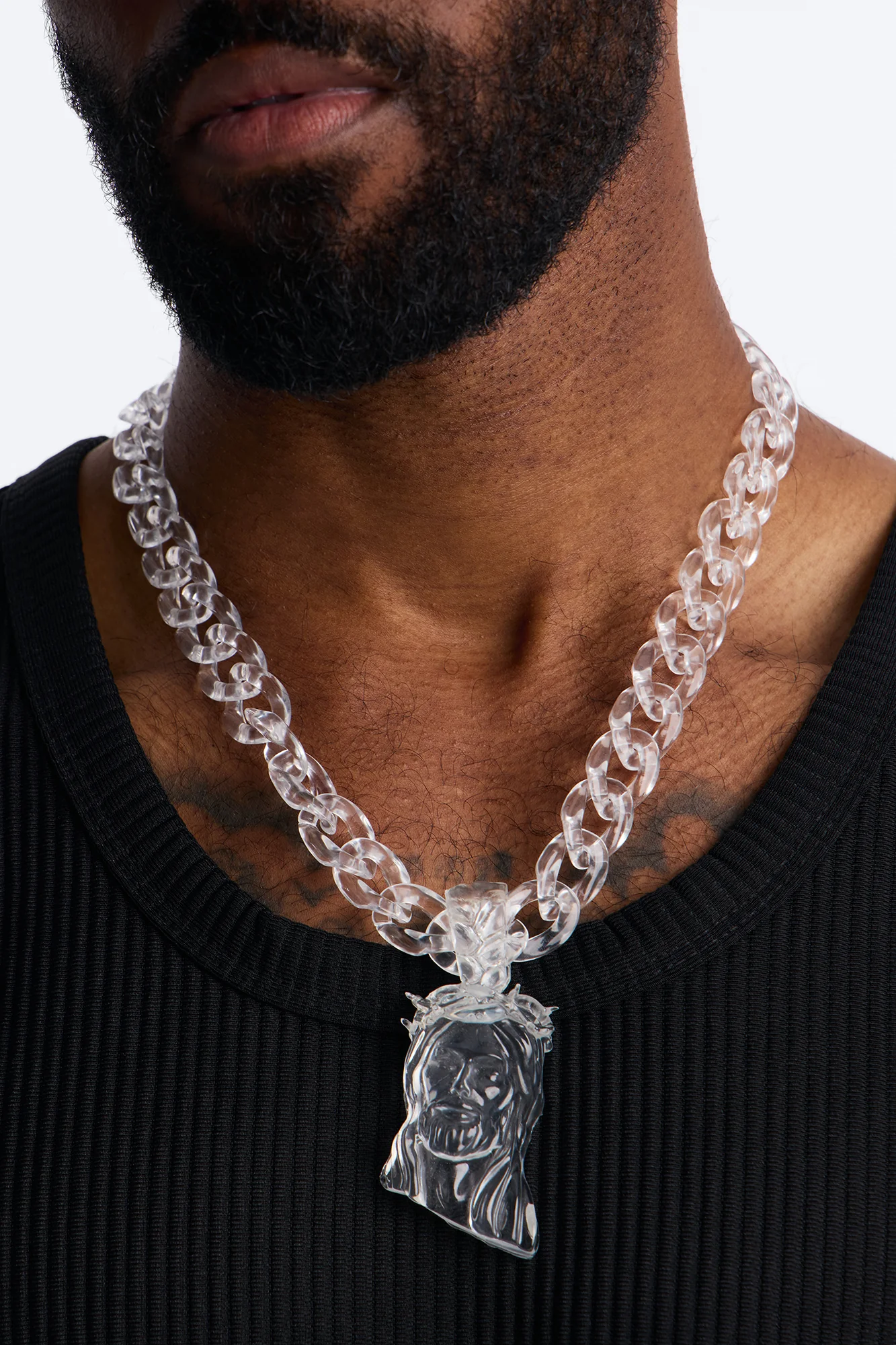Thick Clear Jesus Cuban Link Necklace - Clear