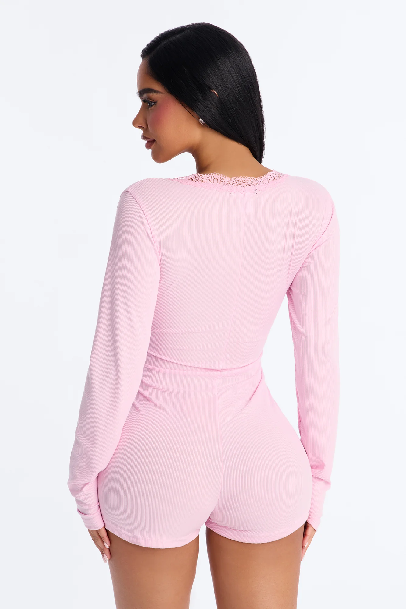 Thinking Of You Ribbed Long Sleeve PJ Romper Onesie - Pink - Image 3