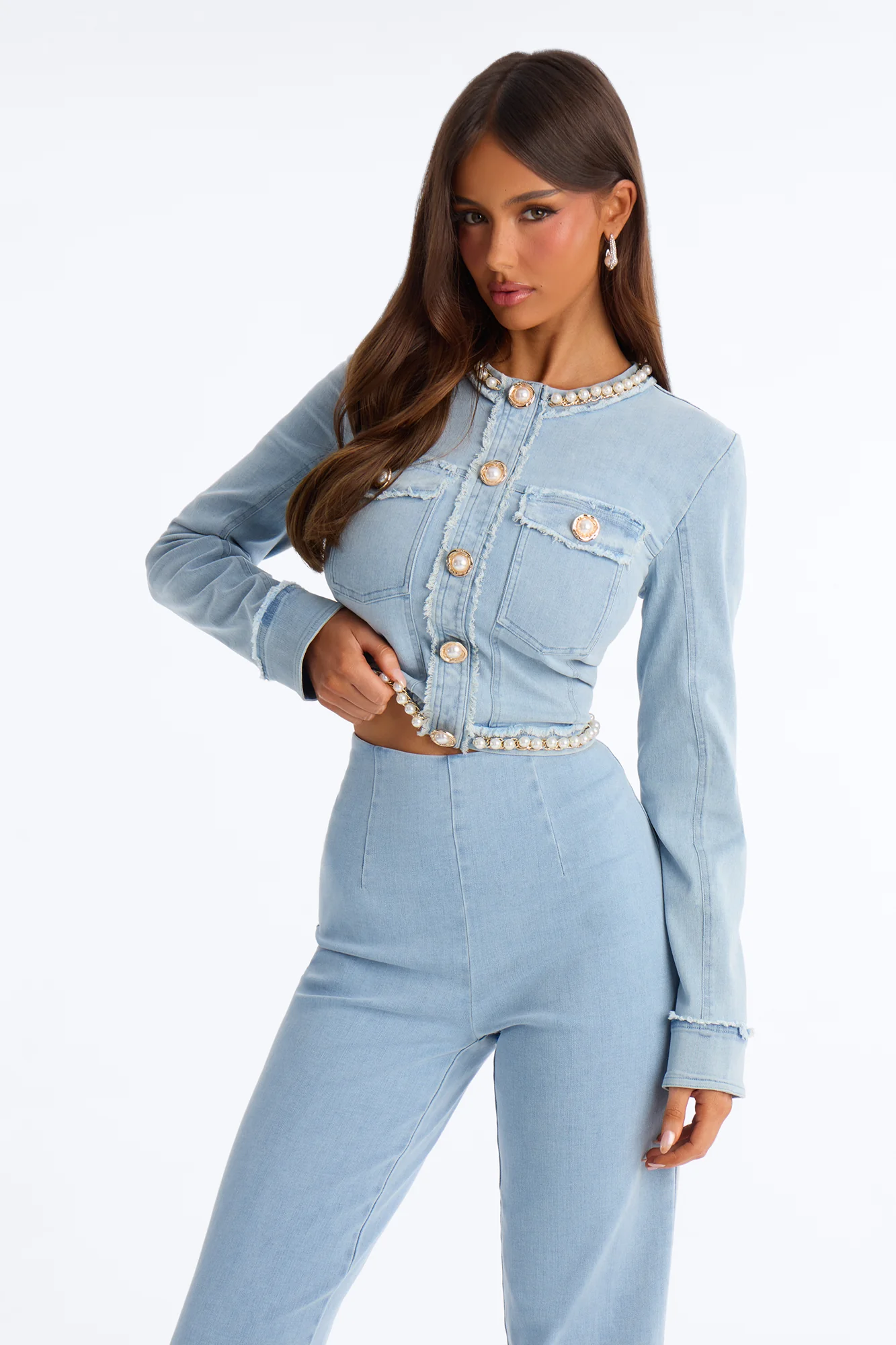 Threaded Grace Pearl Denim Pant Set - Light Wash - Image 2