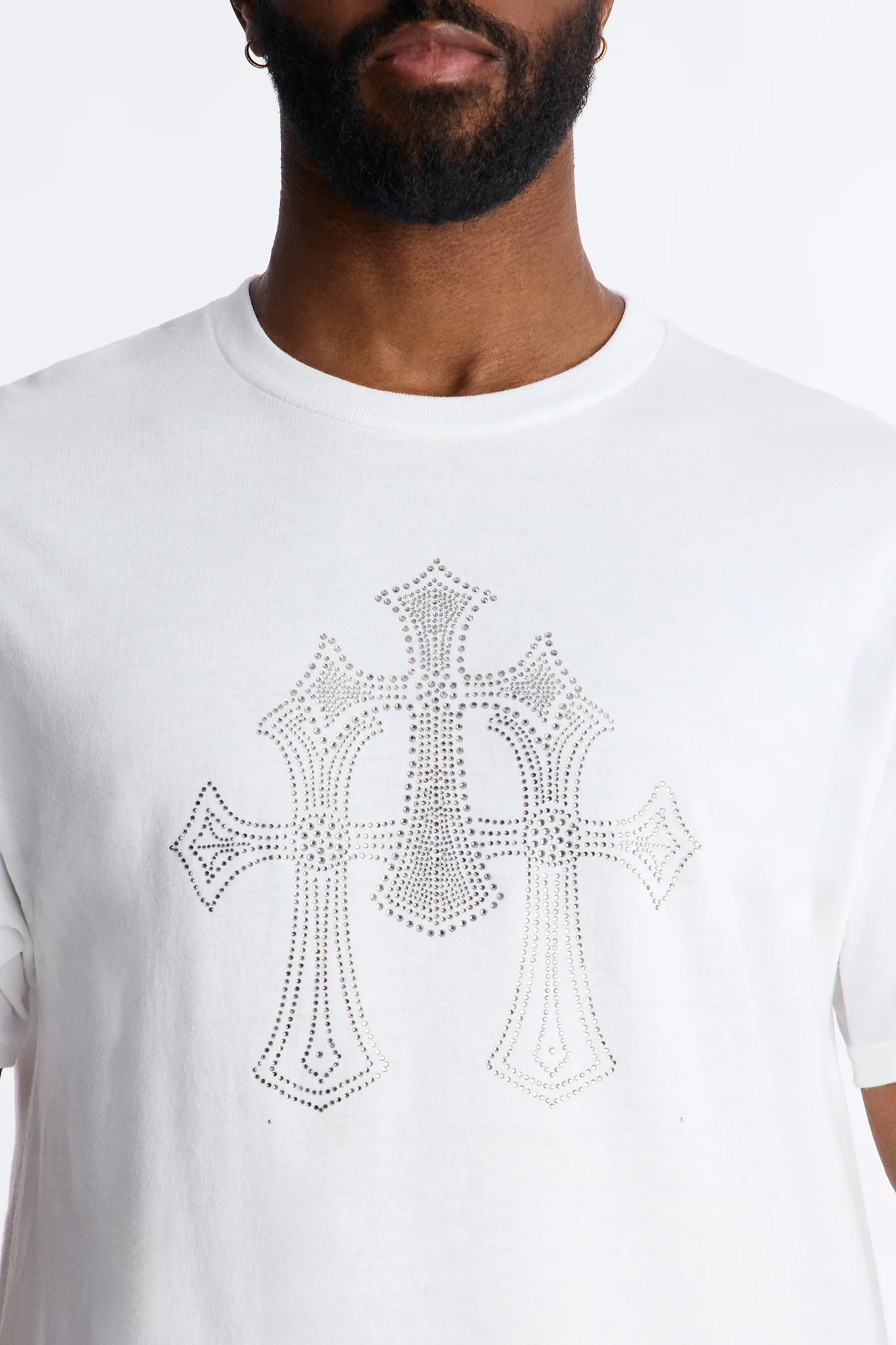 Three Crosses Rhinestones Oversized Short Sleeve Tee - White - Image 3