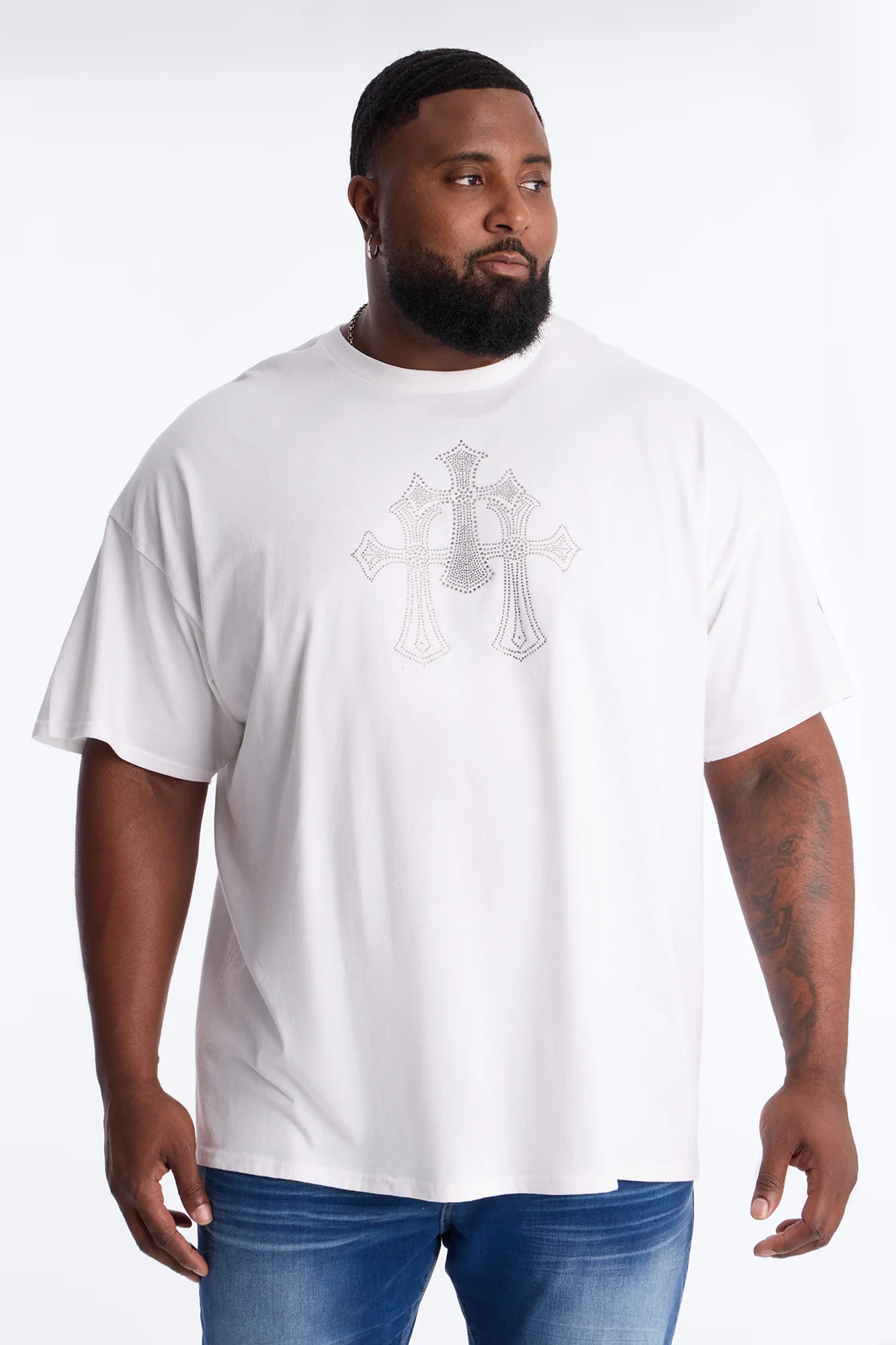 Three Crosses Rhinestones Oversized Short Sleeve Tee - White - Image 4