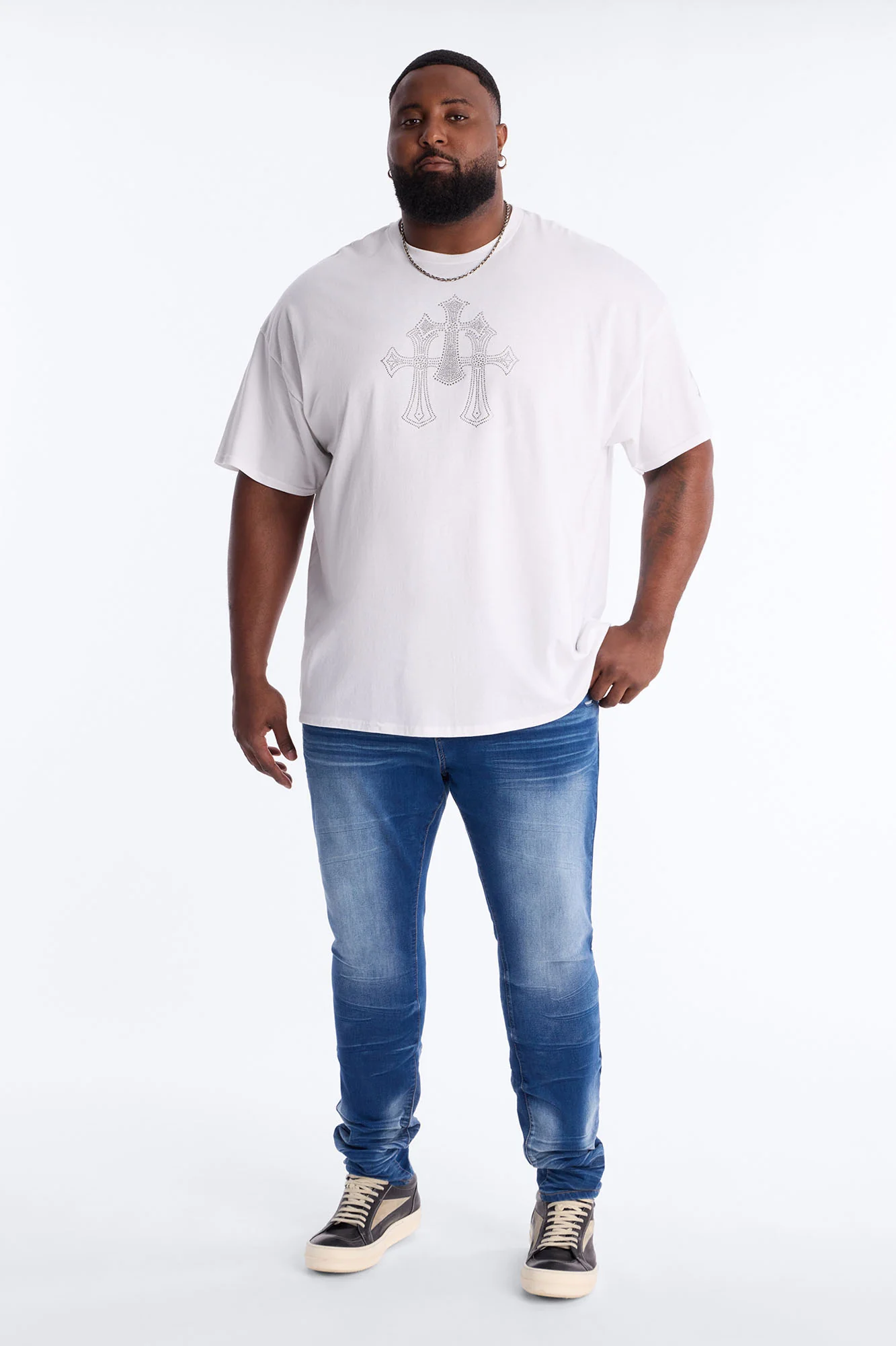 Three Crosses Rhinestones Oversized Short Sleeve Tee - White - Image 5