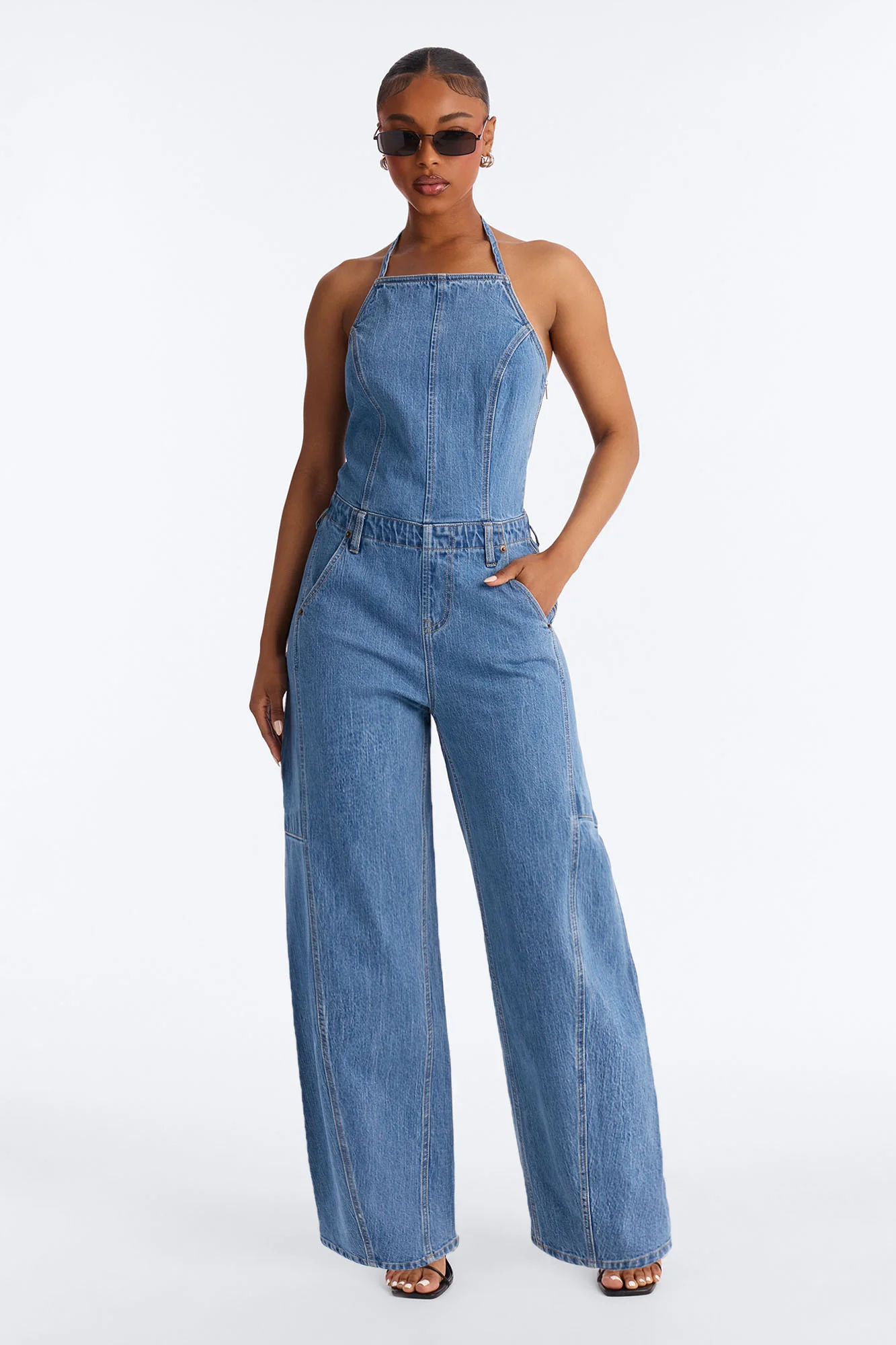 Tiana Backless Denim Barrel Leg Jumpsuit - Medium Wash