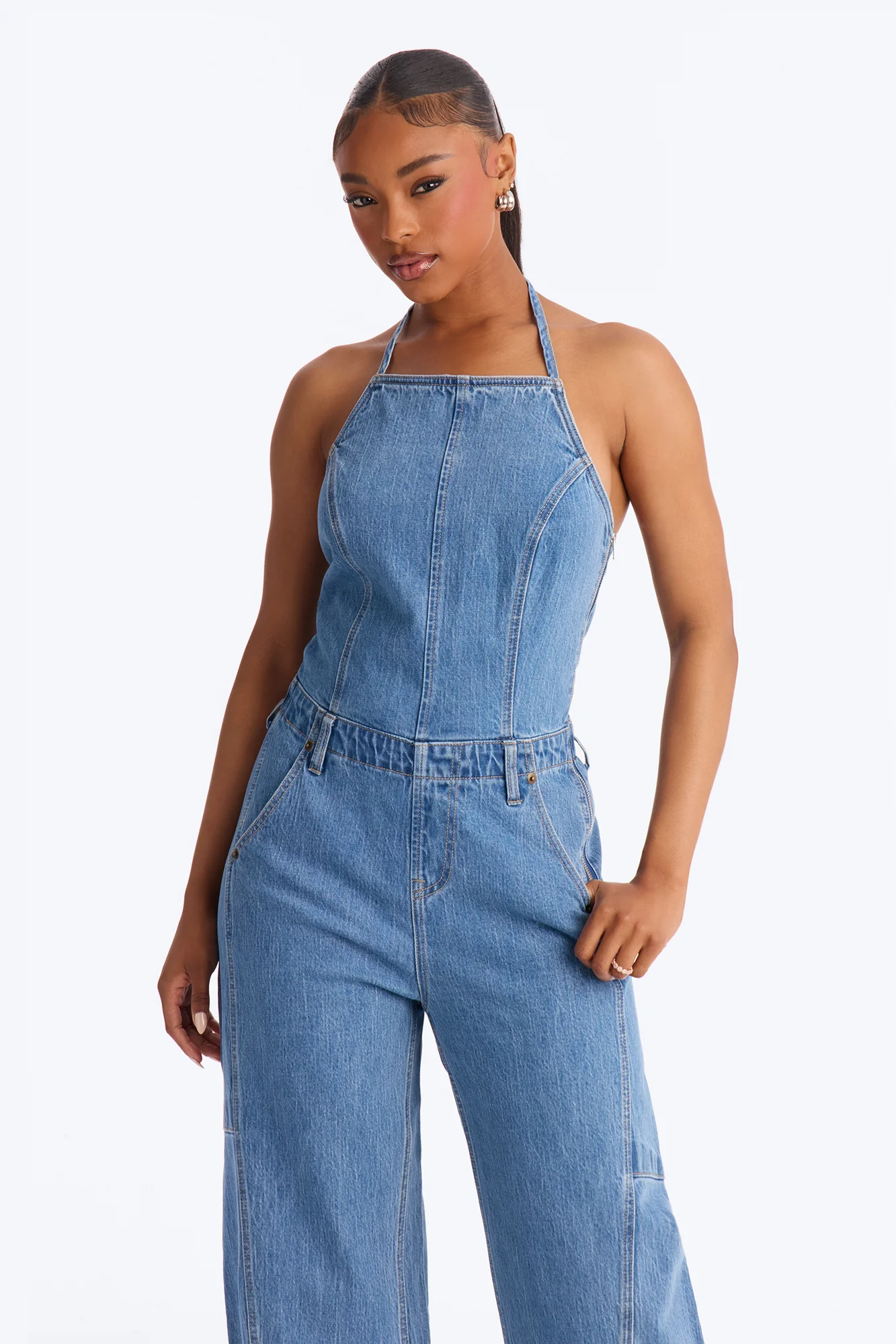 Tiana Backless Denim Barrel Leg Jumpsuit - Medium Wash - Image 2
