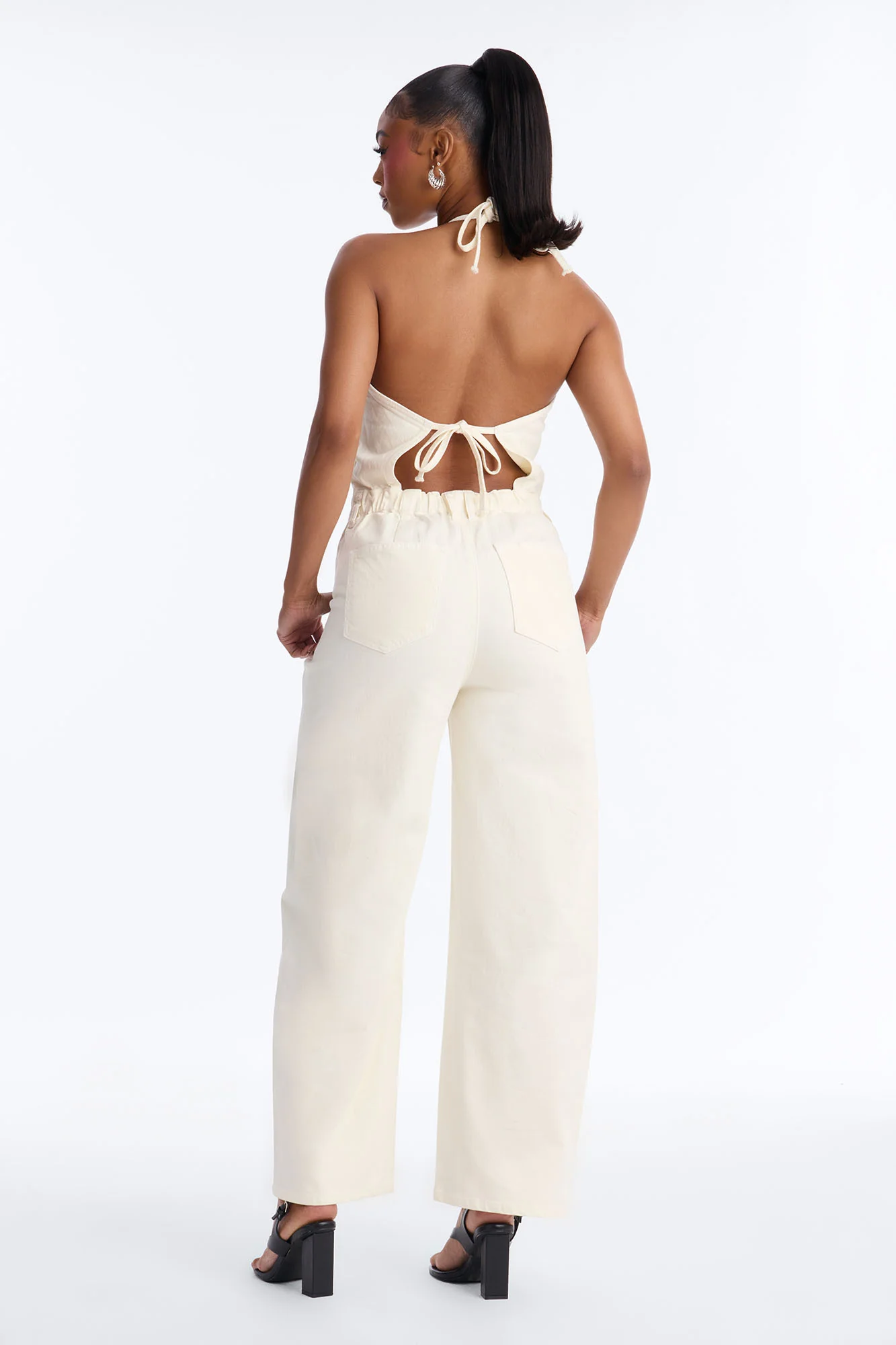 Tiana Backless Denim Barrel Leg Jumpsuit - Off White - Image 5