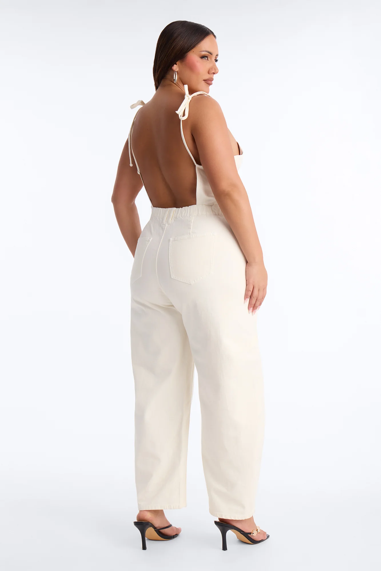 Tiana Backless Denim Barrel Leg Jumpsuit - Off White - Image 9