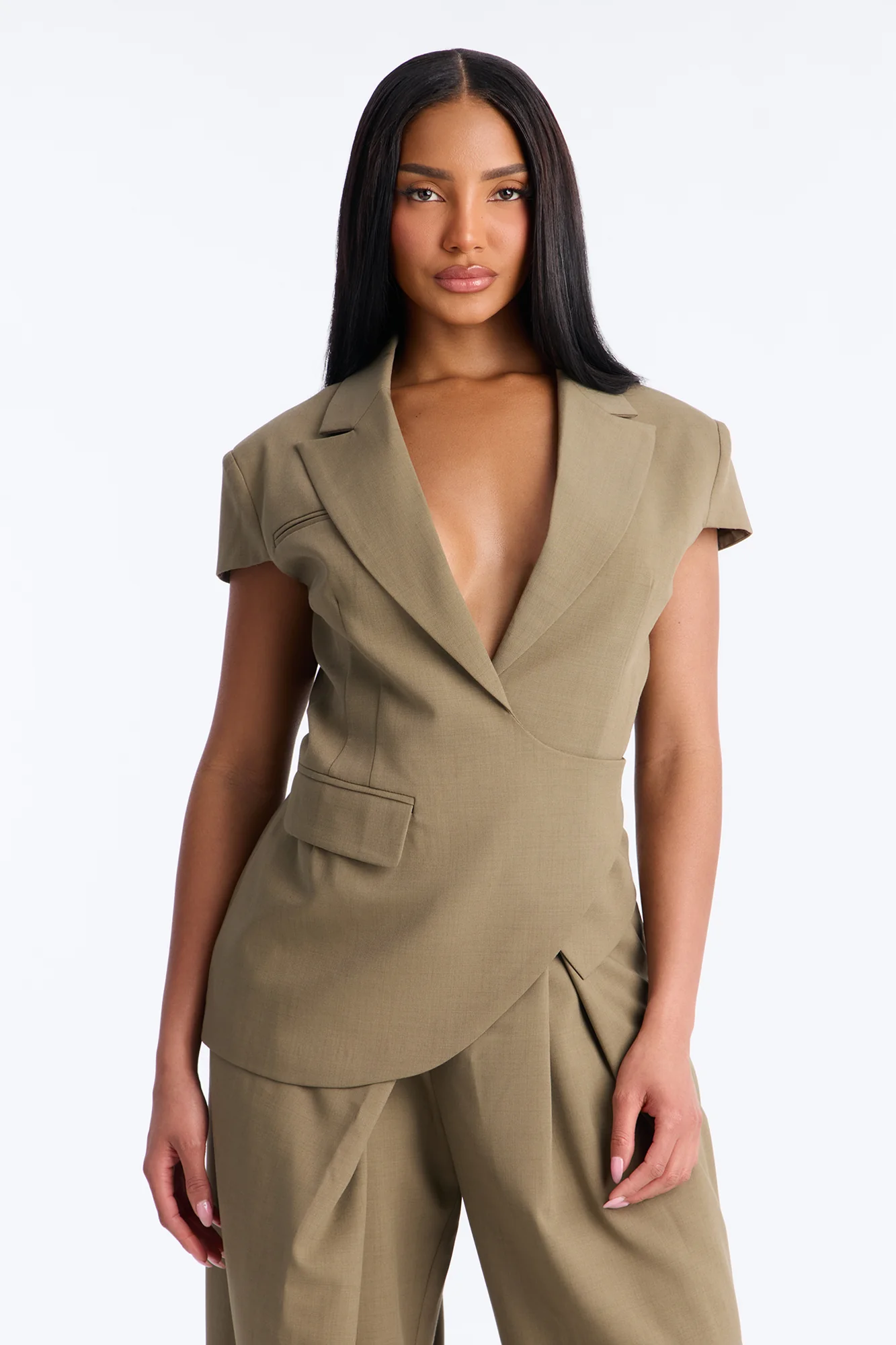 Tiana Belted Cap Sleeve Fitted Blazer - Caffe