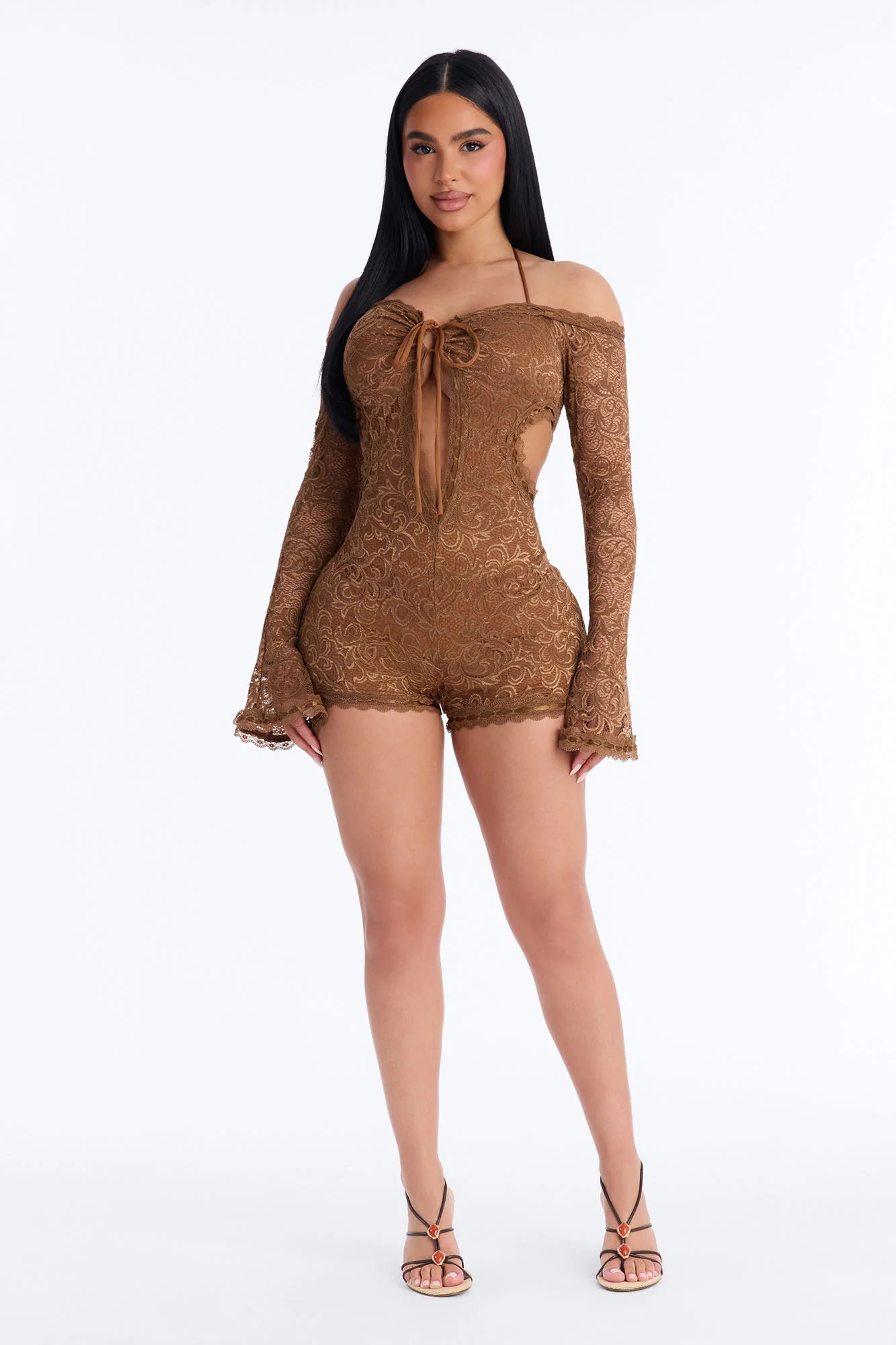 Tiana Lace Cut Out Micro Romper - Mocha - Image 2