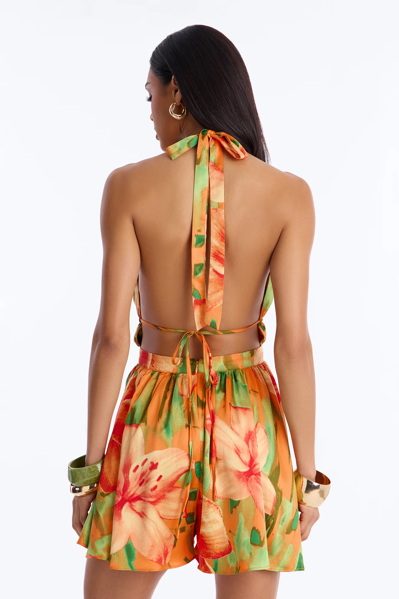 Tiana Tropical Backless Romper - Orange - Image 4