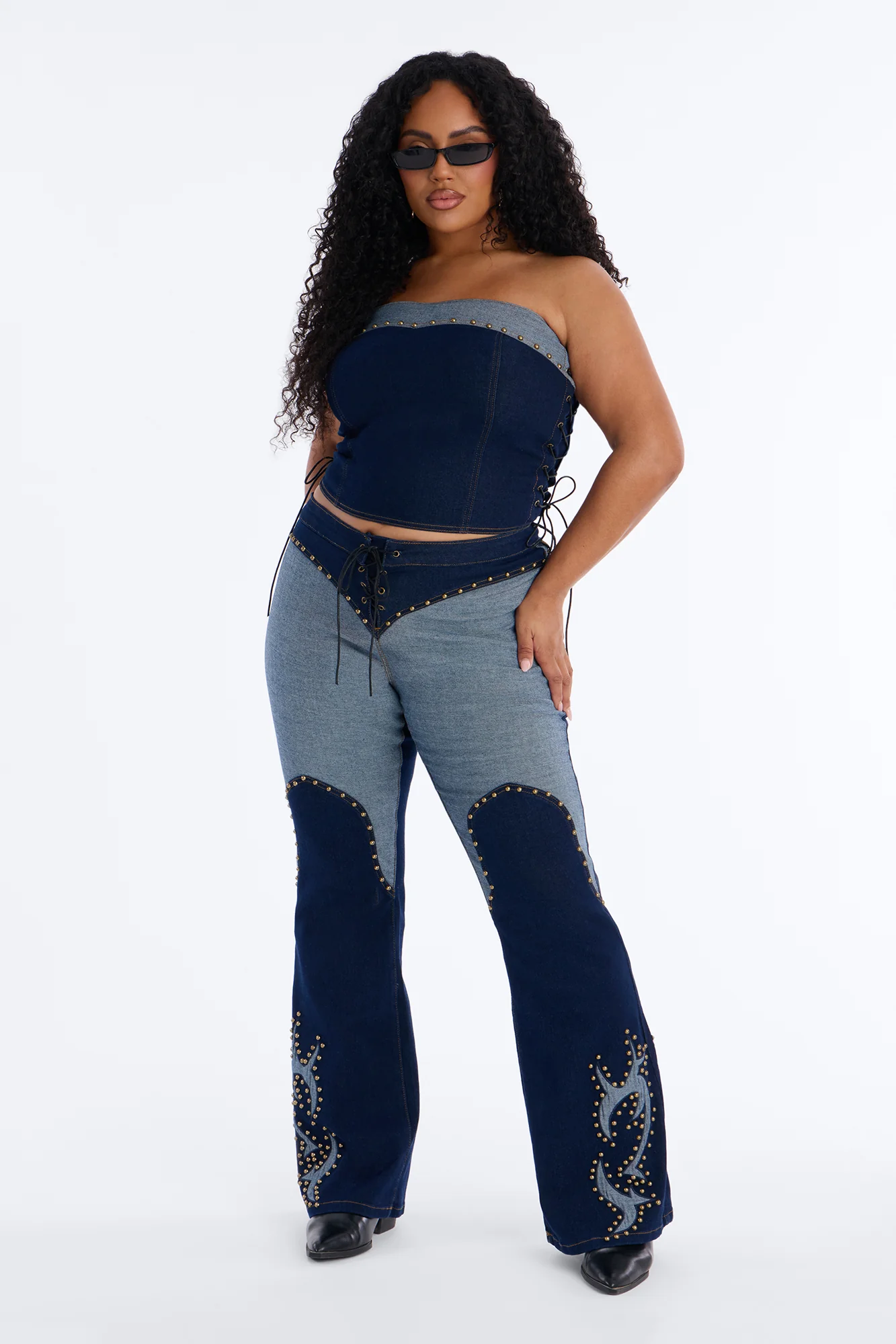 Tianna Denim Corset Flare Pant Set - Dark Denim - Image 5