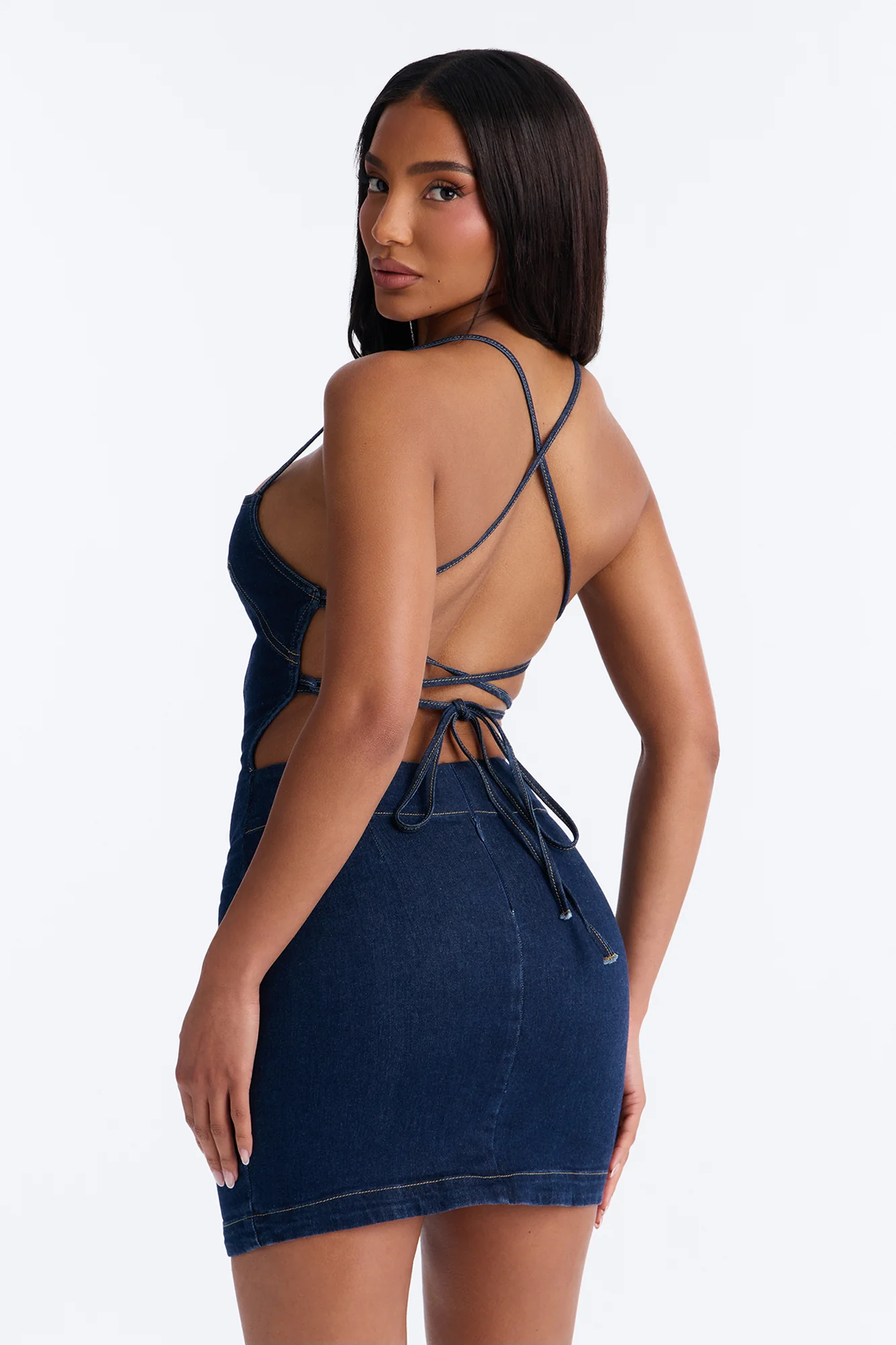 Tied To You Denim Mini Dress - Dark Wash - Image 4