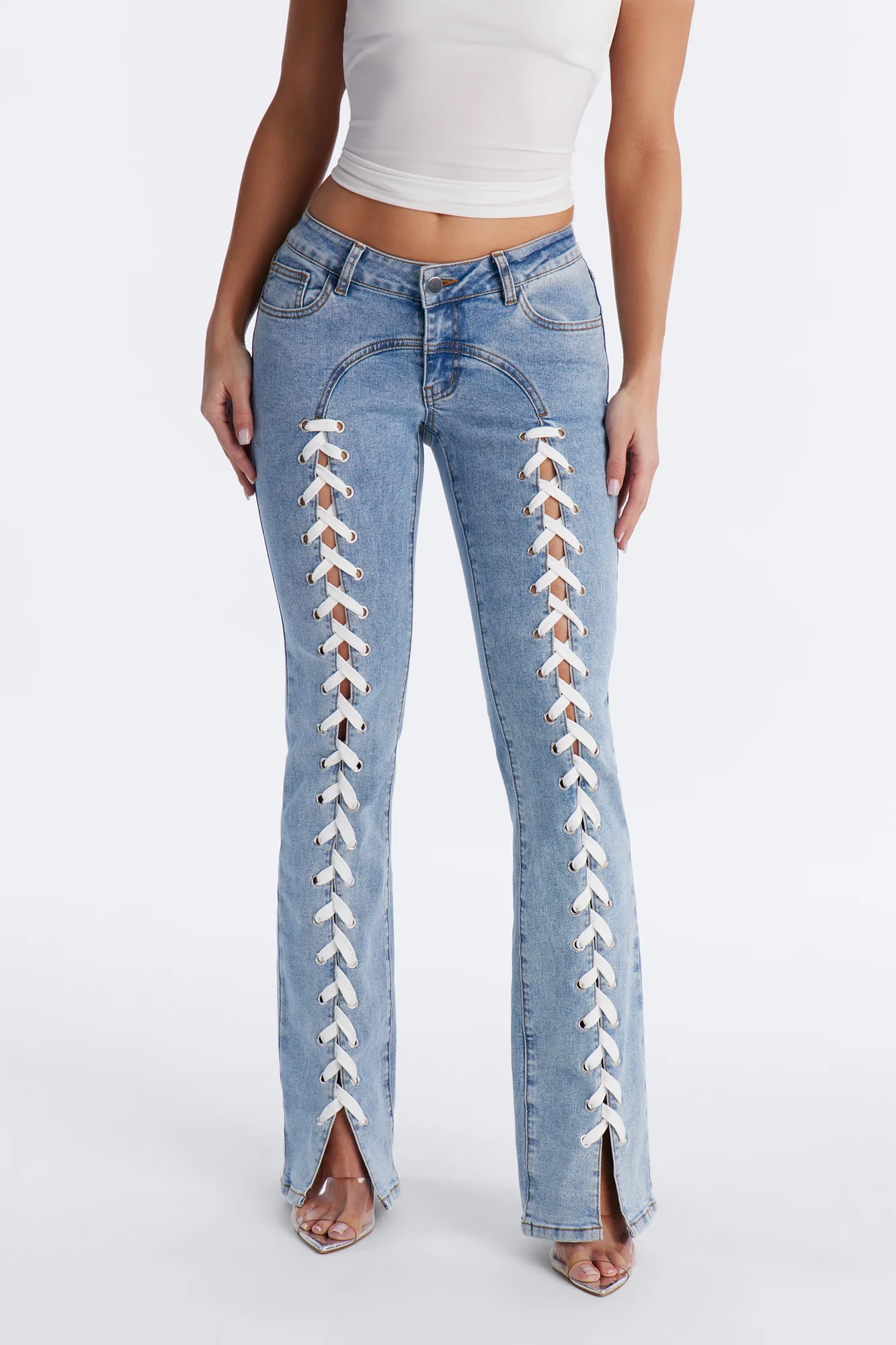 Tied To You Ultra Low Rise Lace Up Bootcut Jeans - Medium Wash - Image 2