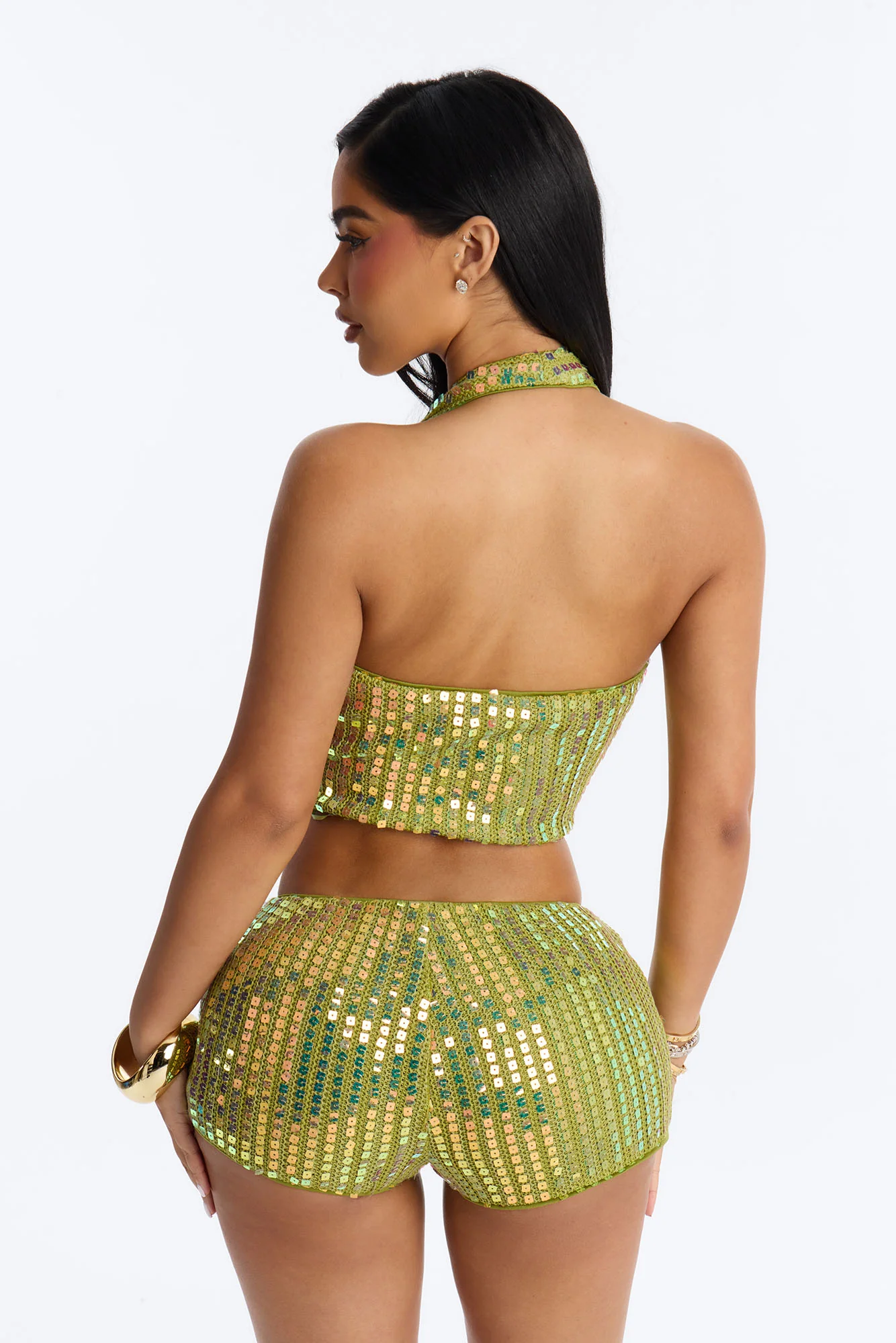 Tiffaney Sequin Halter Micro Short Set - Green - Image 4