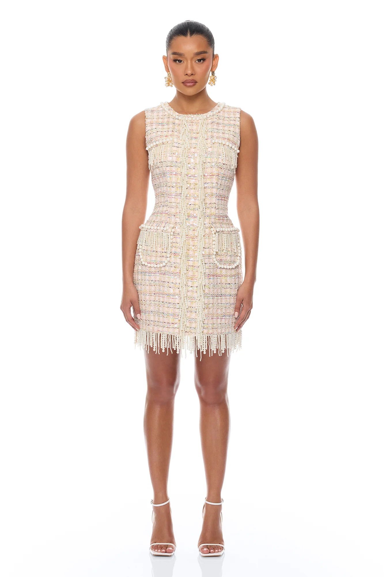 Tiffani Pearl Fringe Tweed Mini Dress - Pink/combo - Image 2