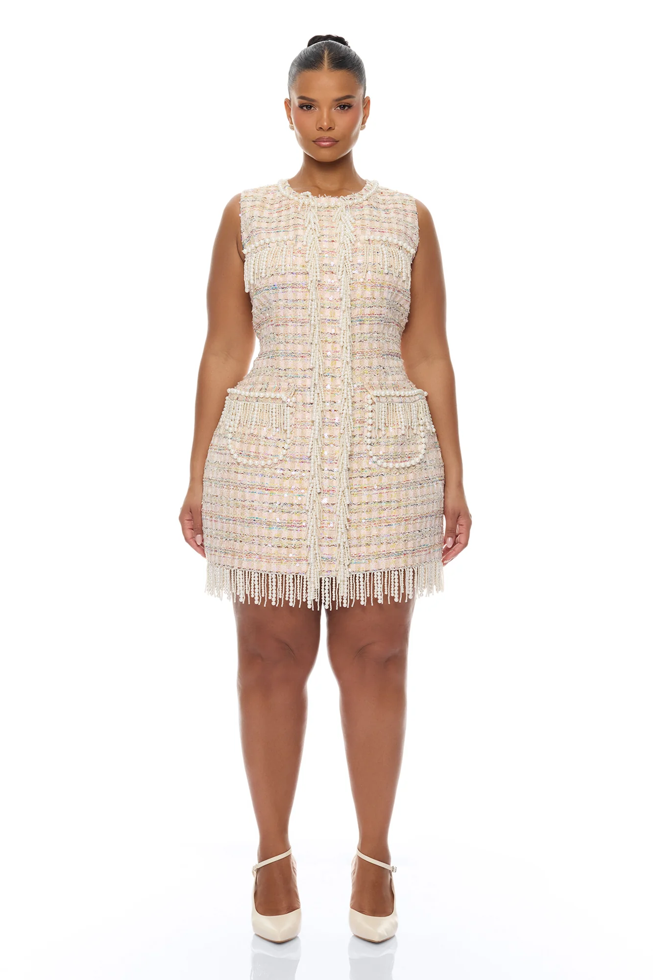 Tiffani Pearl Fringe Tweed Mini Dress - Pink/combo - Image 5