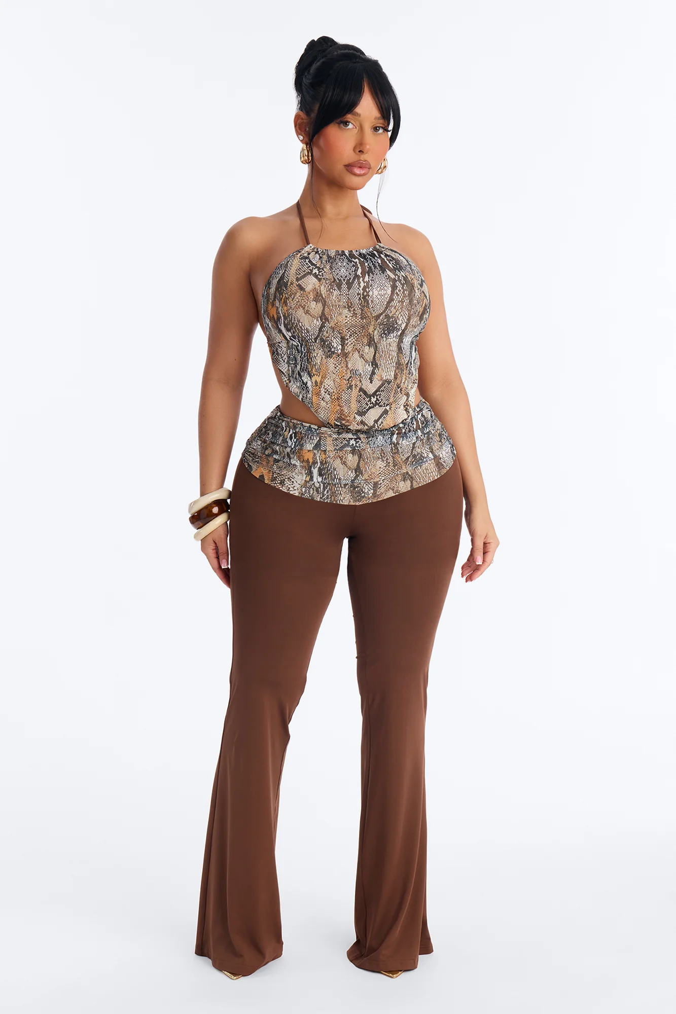 Tila Mesh Backless Flare Jumpsuit - Brown