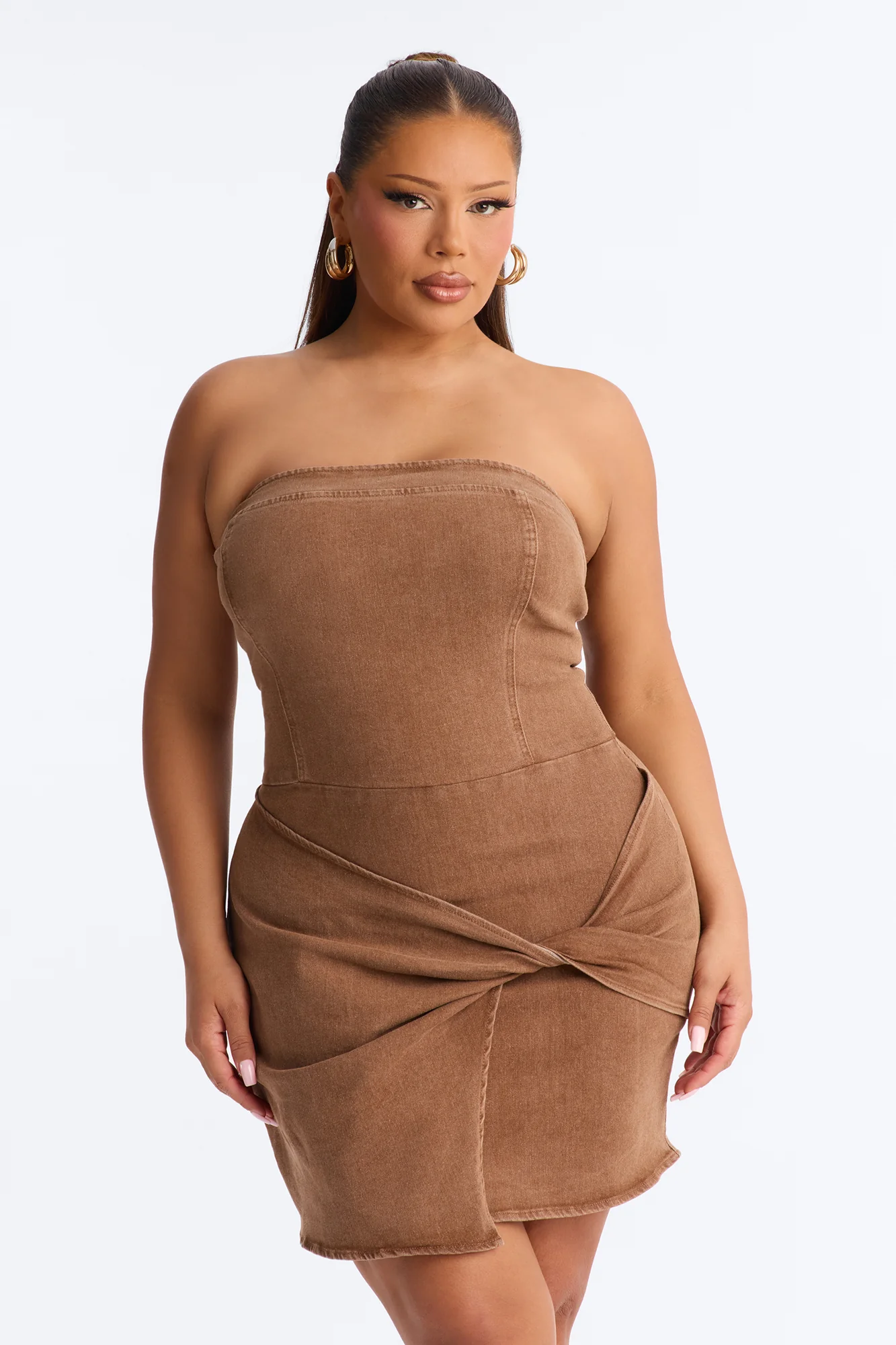 Tillee Strapless Stretch Denim Mini Dress - Brown - Image 6