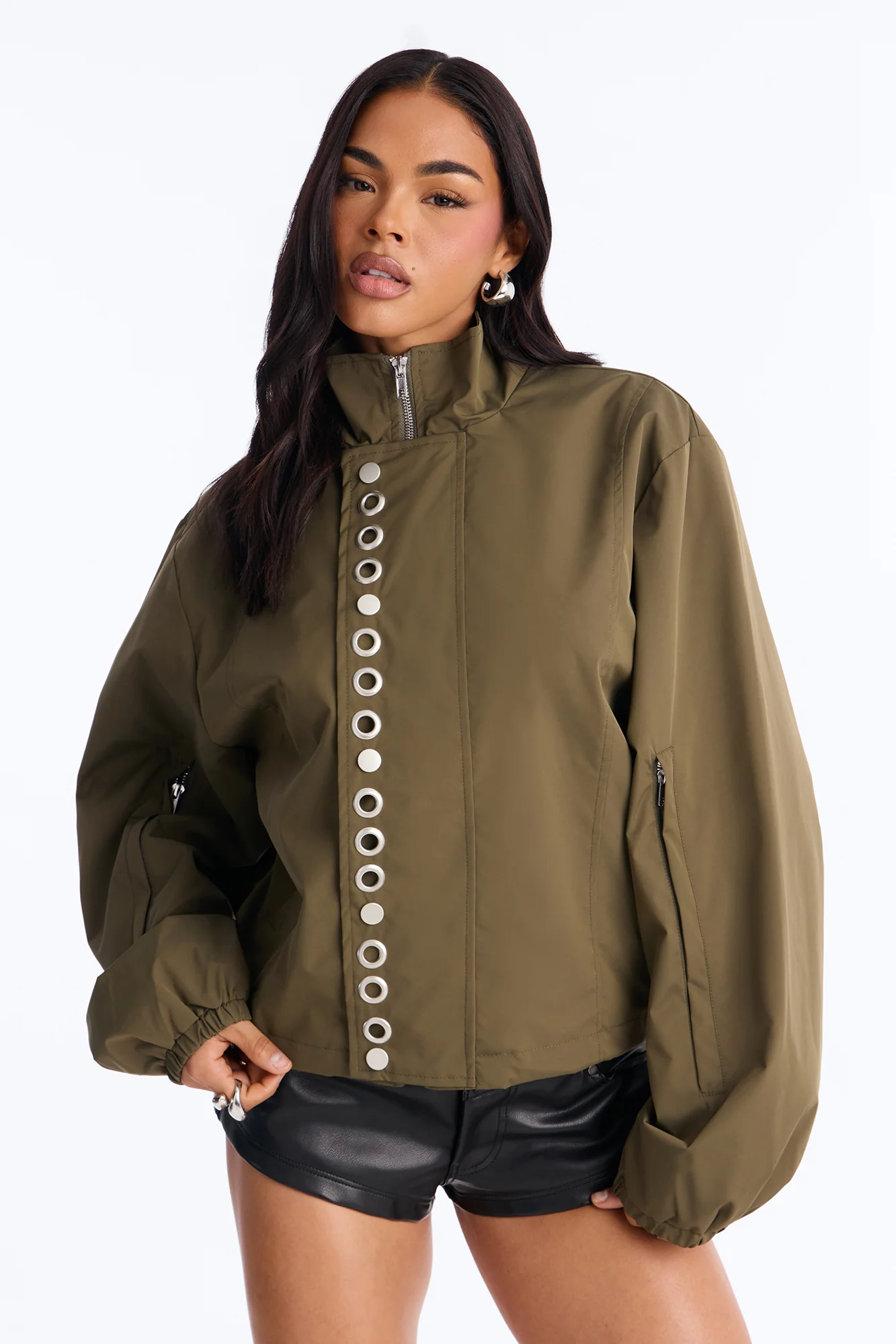 Time To Chill Funnel Neck Bomber Jacket - Olive