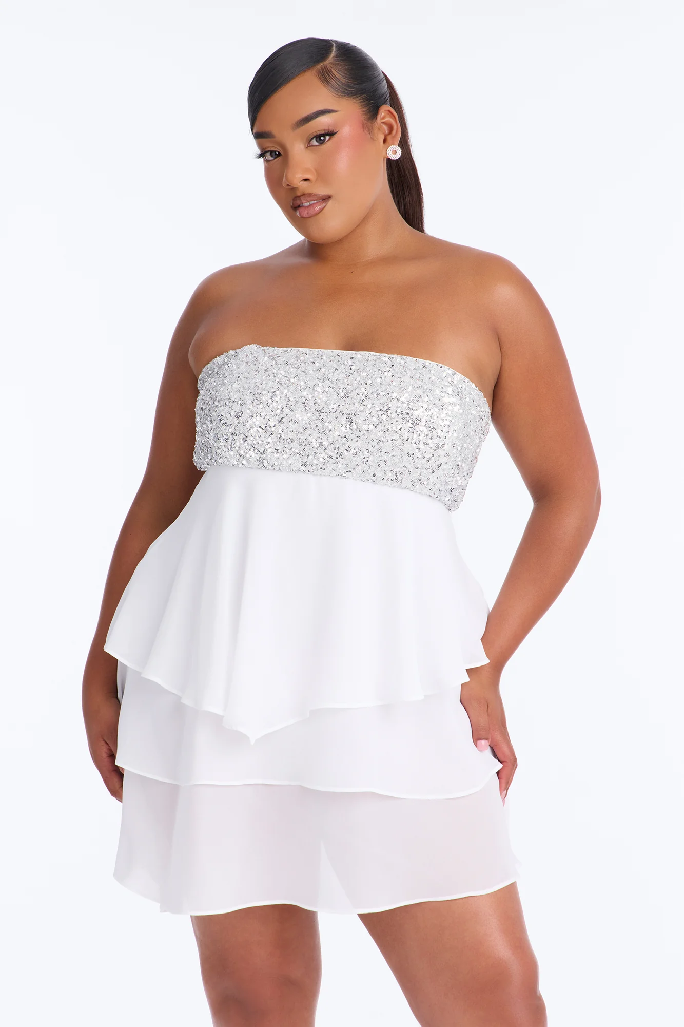 Timeless Sequin Trim Chiffon Mini Dress - White - Image 6