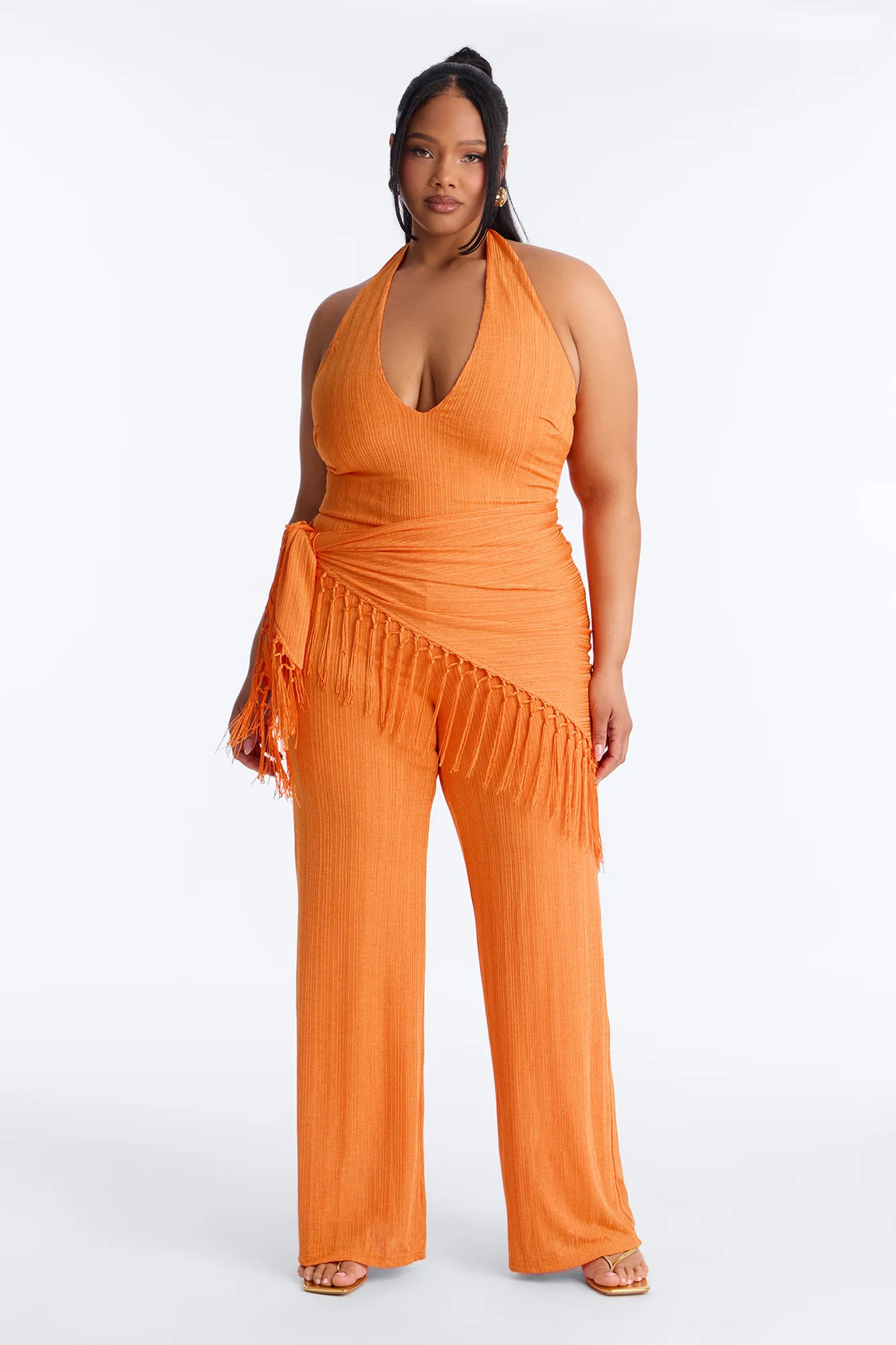 Too Chic Jumpsuit And Waist Scarf Set - Orange - Image 5