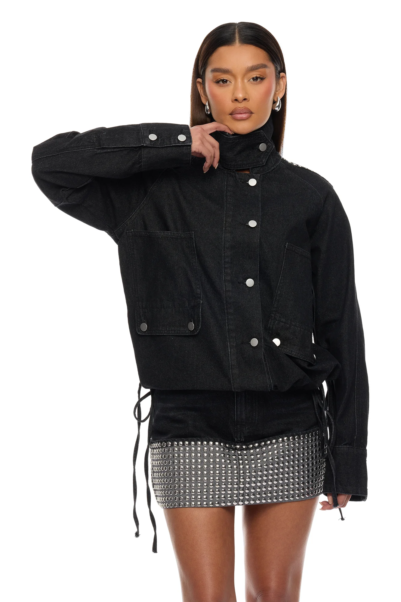 Too Cool Studded Denim Mini Skirt Set - Black - Image 2