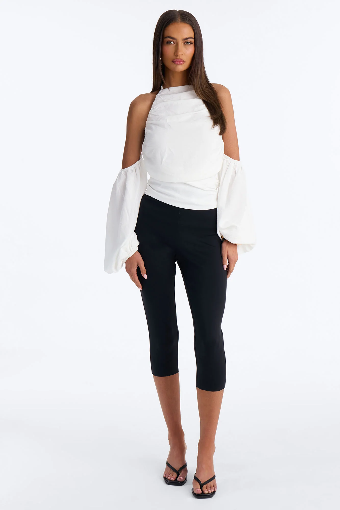 Too Cute To Care Long Sleeve Ruched Airflow Halter Top - White - Image 2
