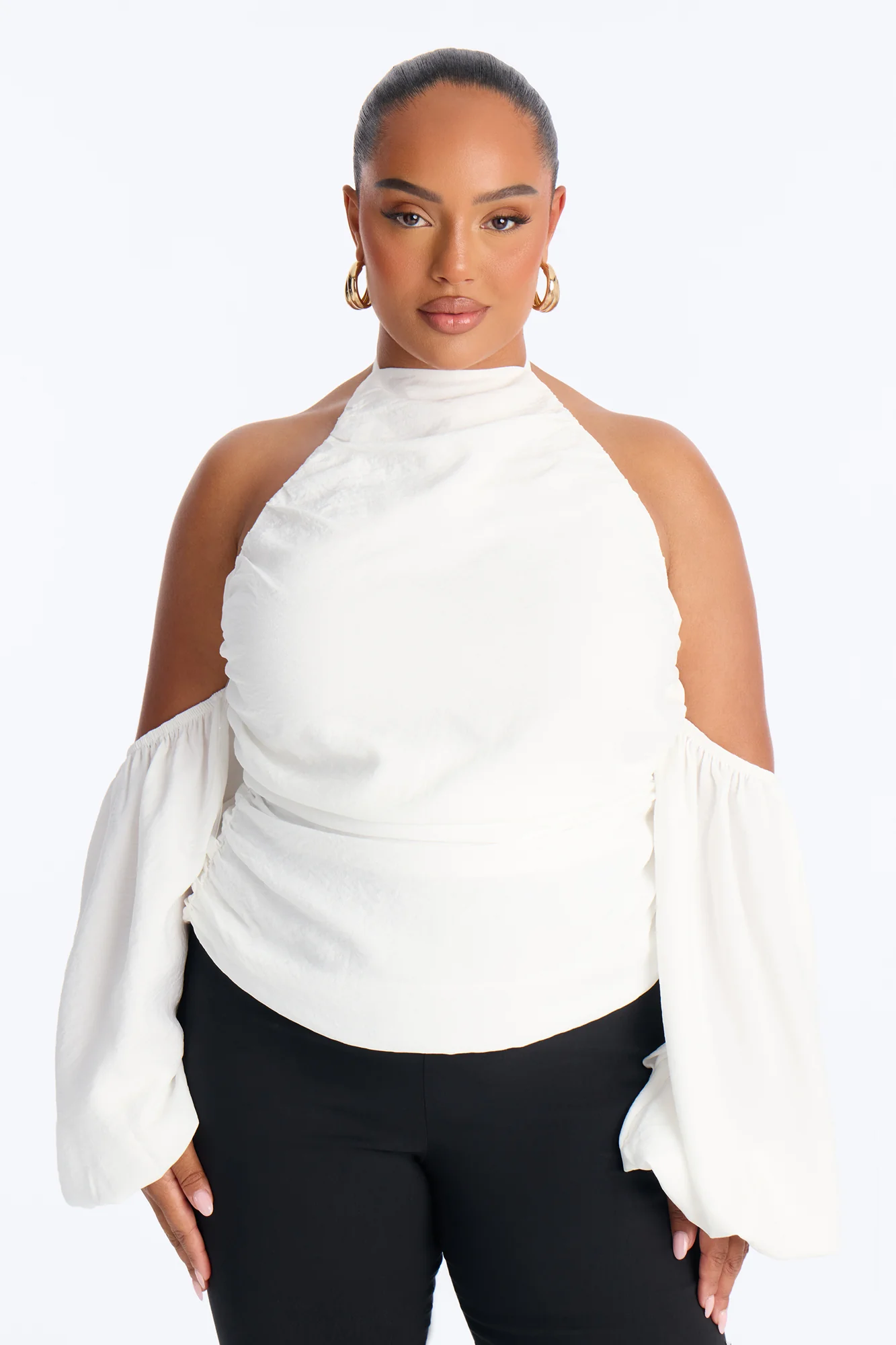 Too Cute To Care Long Sleeve Ruched Airflow Halter Top - White - Image 5