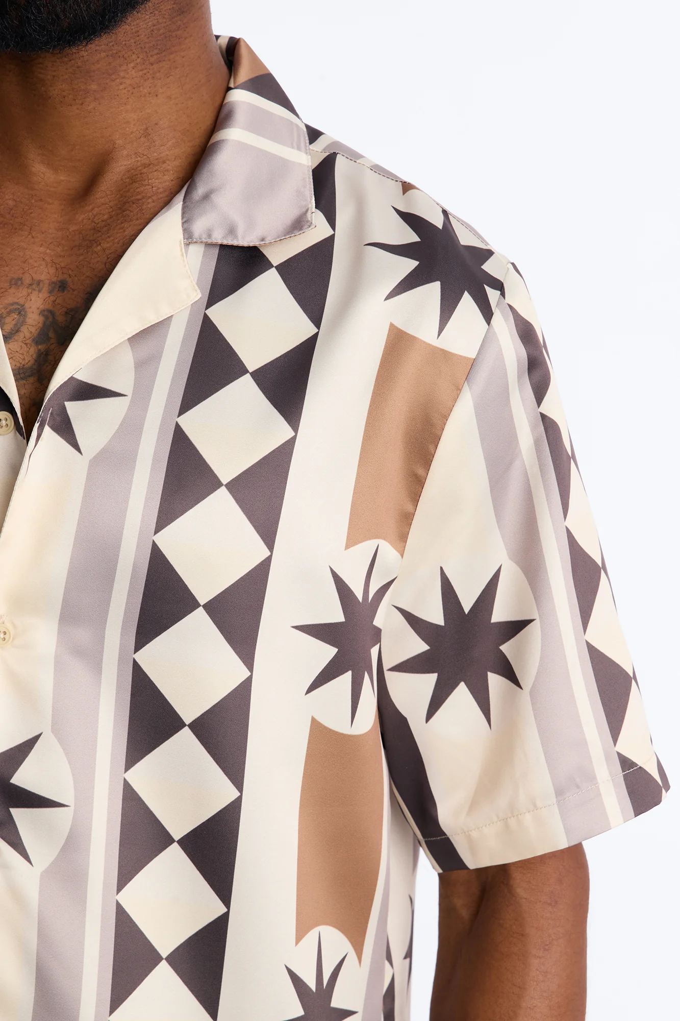 Toscana Geo Cuban Collar Shirt - Tan - Image 3
