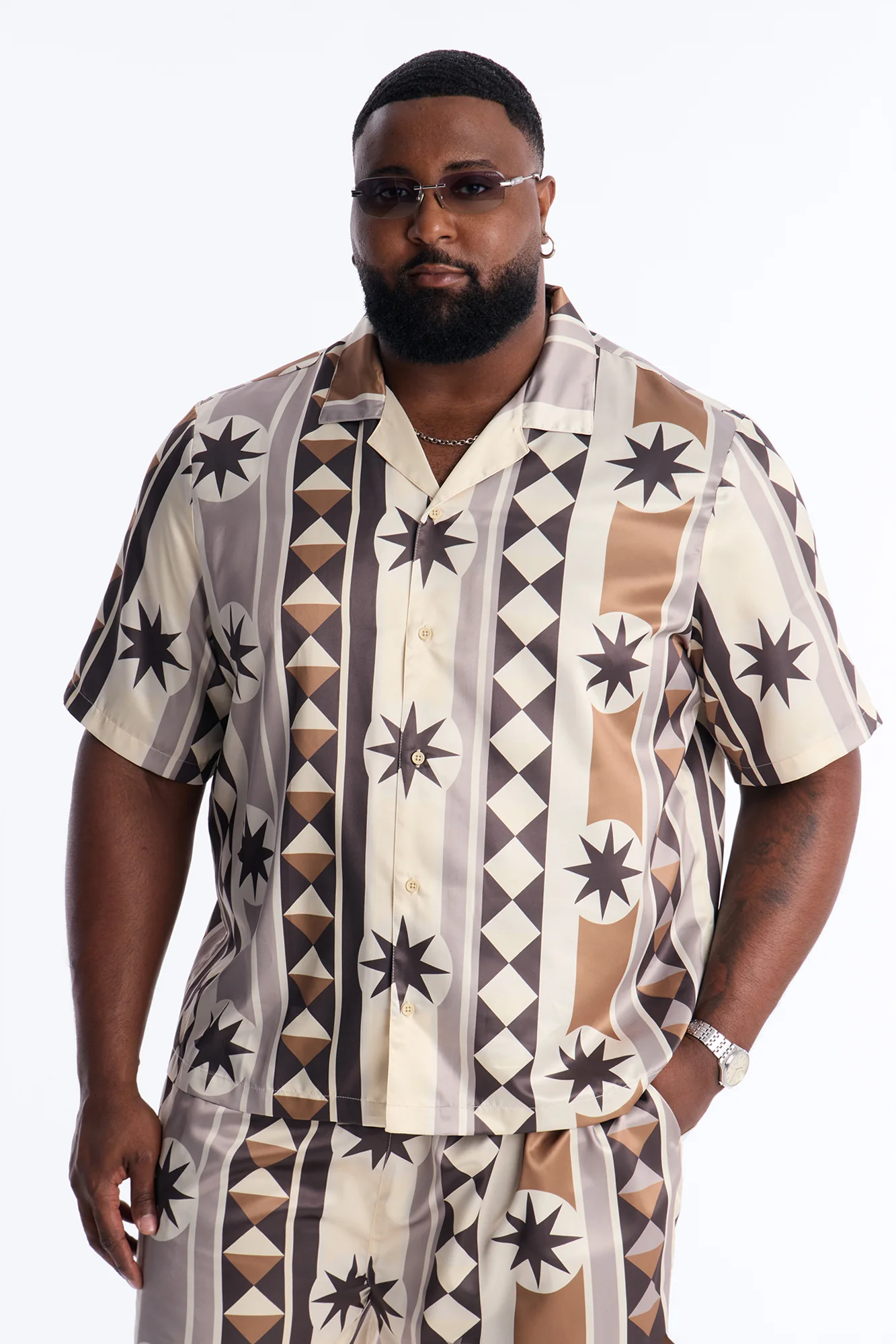 Toscana Geo Cuban Collar Shirt - Tan - Image 5