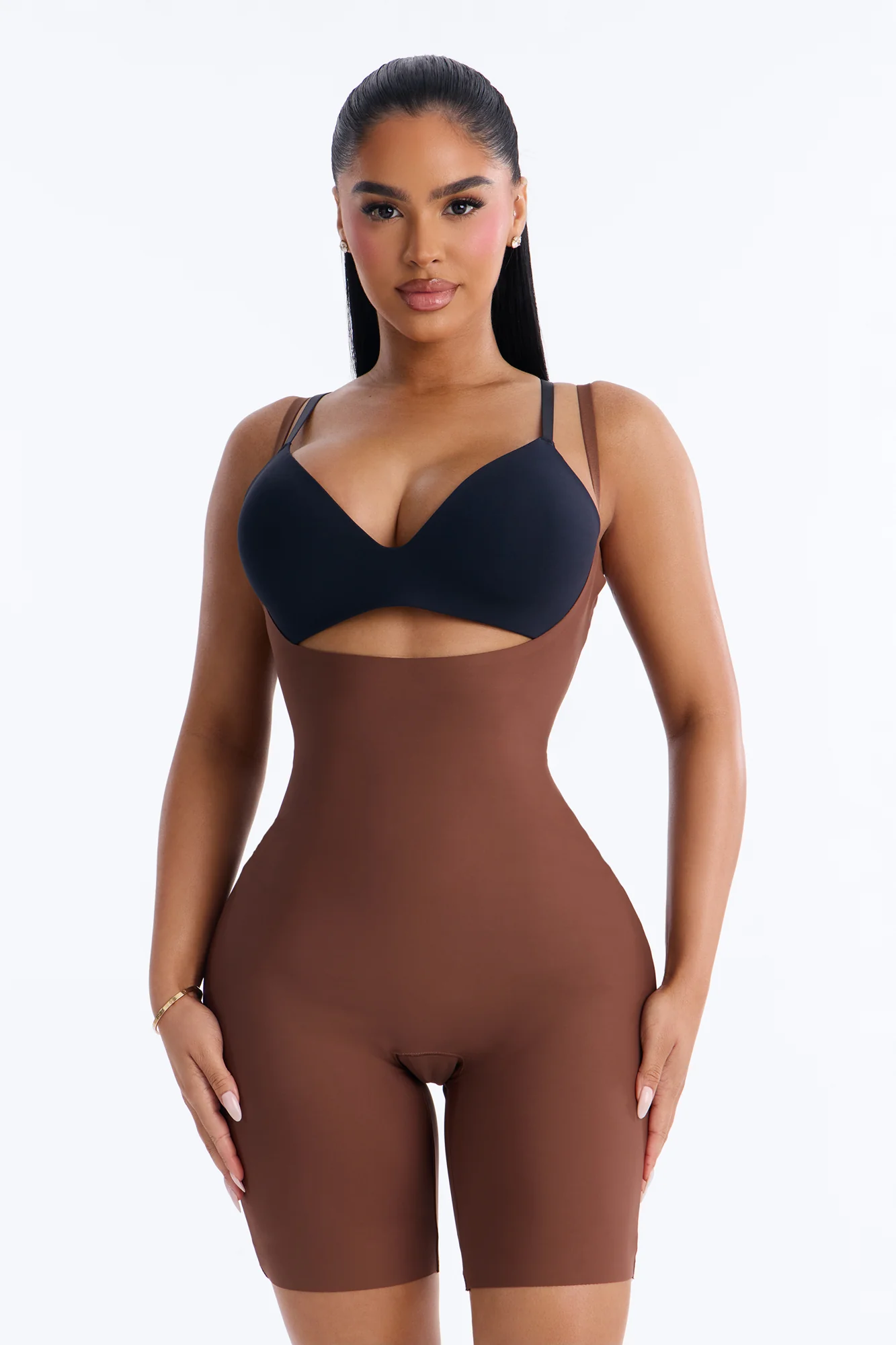 Total Control Core Sculpted Open Bust Mid Thigh Bodysuit - Mocha