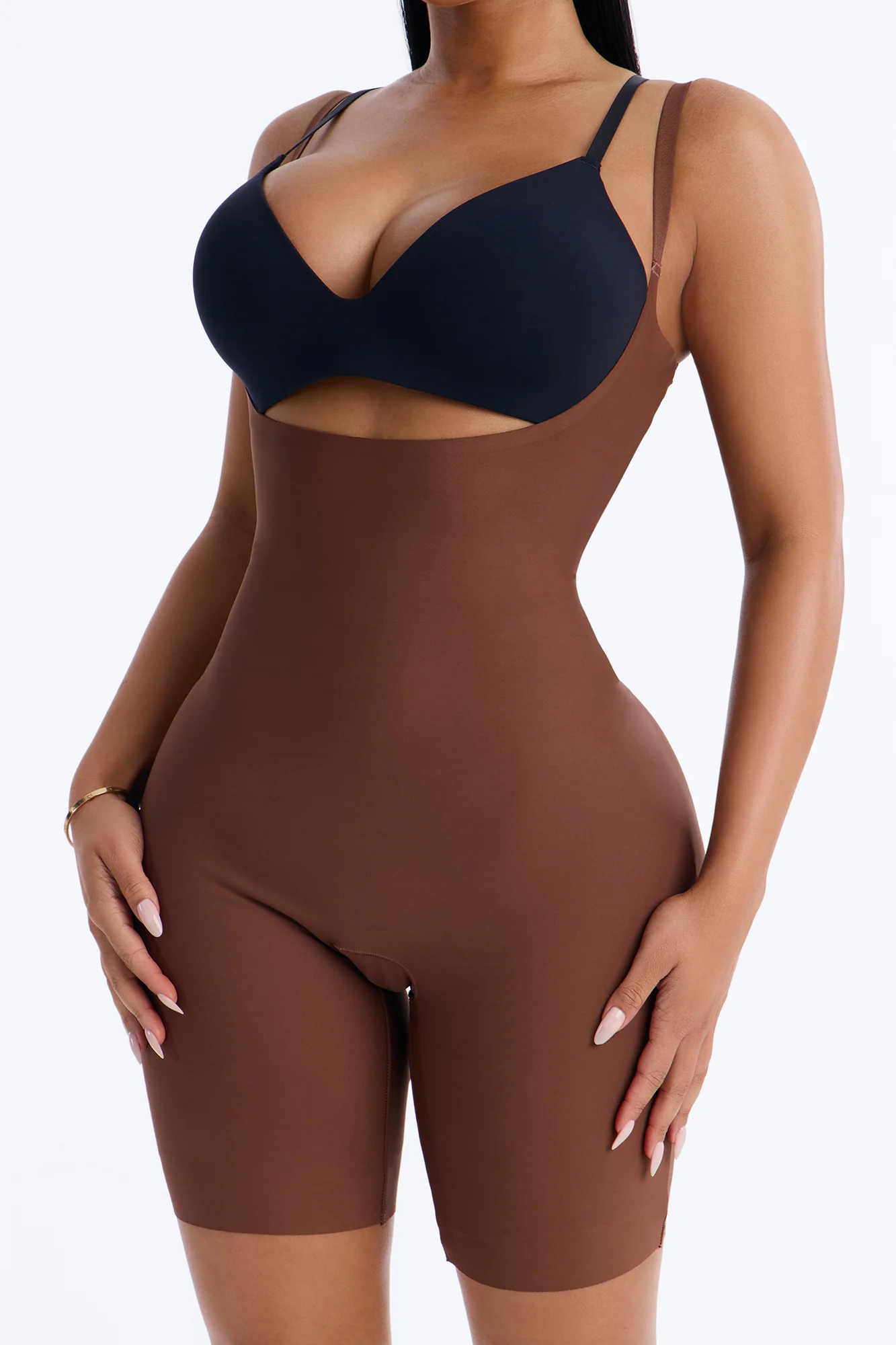 Total Control Core Sculpted Open Bust Mid Thigh Bodysuit - Mocha - Image 2
