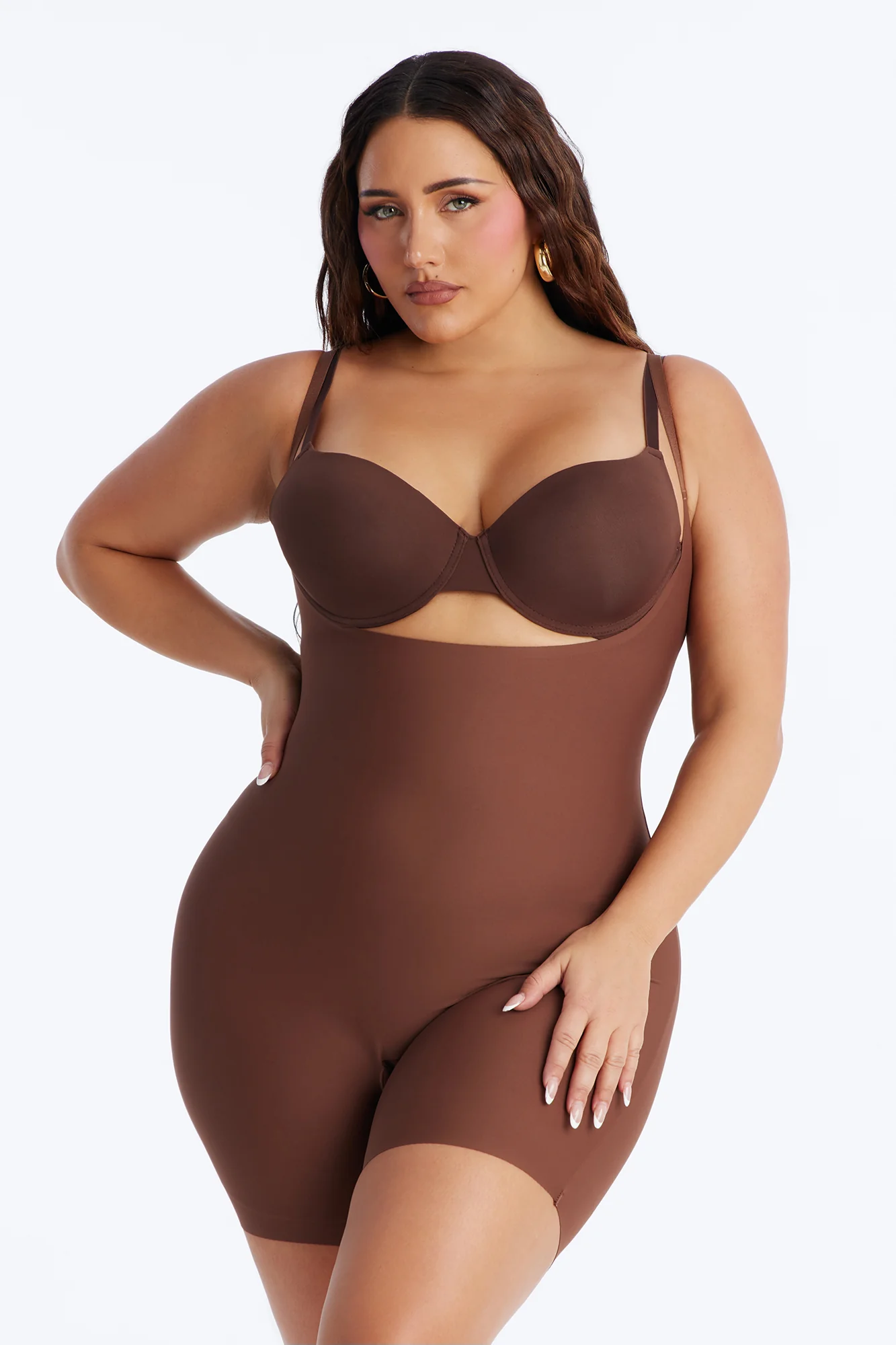 Total Control Core Sculpted Open Bust Mid Thigh Bodysuit - Mocha - Image 4