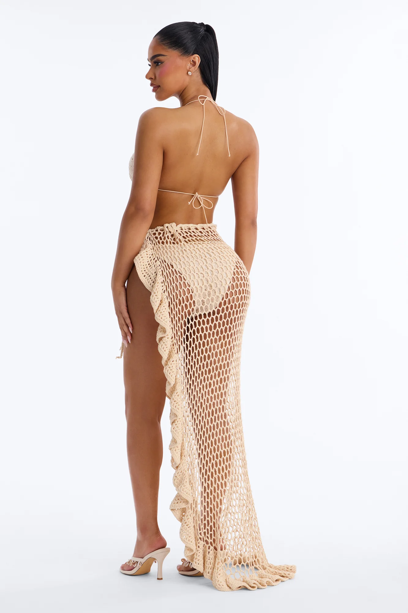 Tracey Ruffle Waist Tie Swim Cover Up Sarong - Cream - Image 4