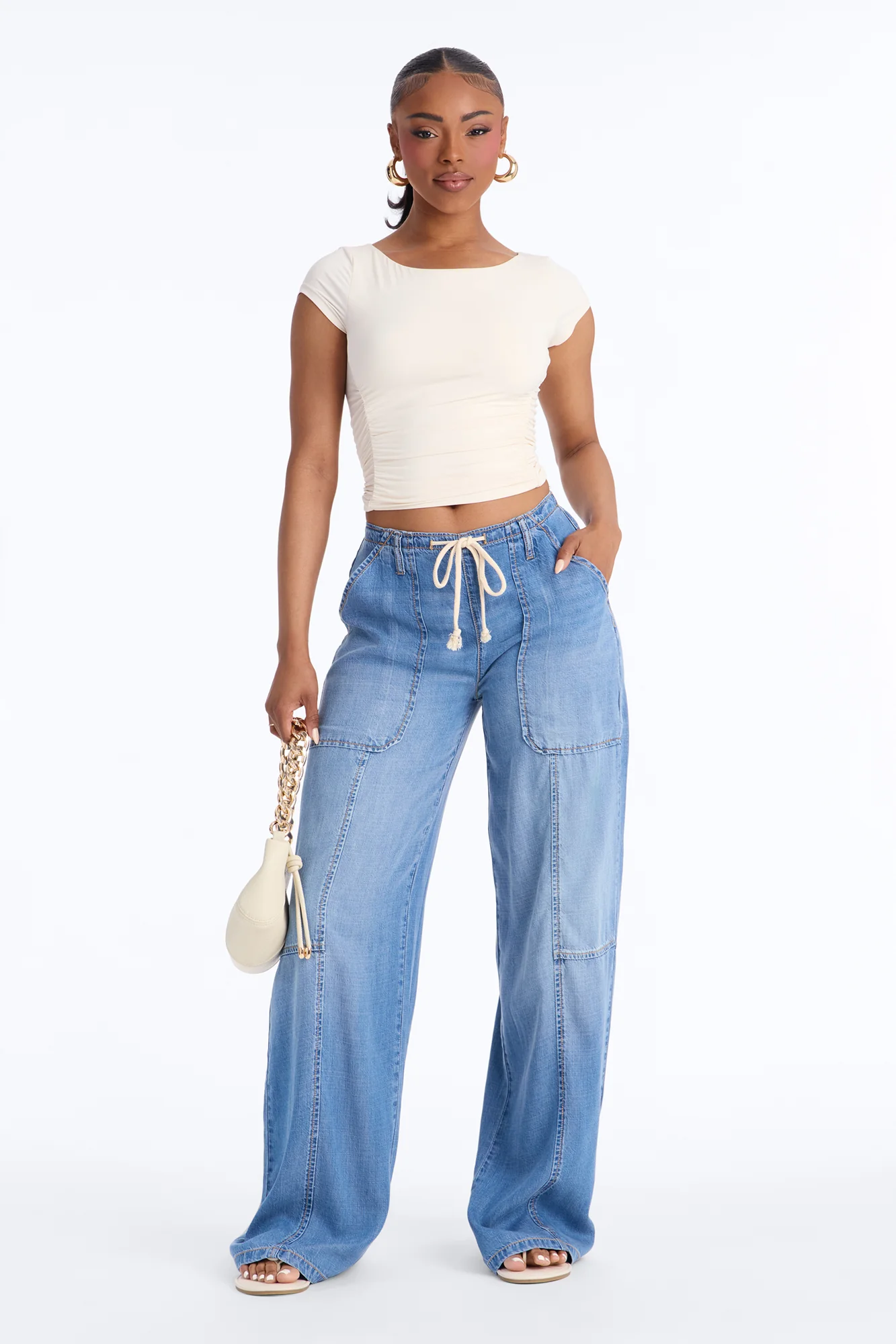 Travel Far Tie Waist Drapey Loose Jeans - Medium Wash