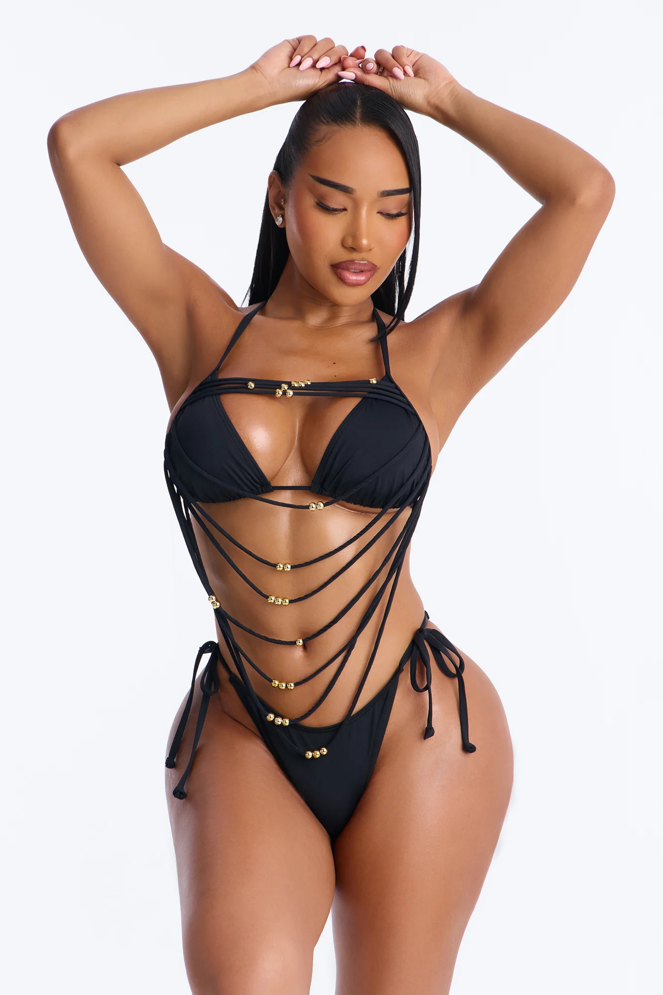 Treasure Island Strappy Waterfall Beaded 2 Piece Bikini - Black