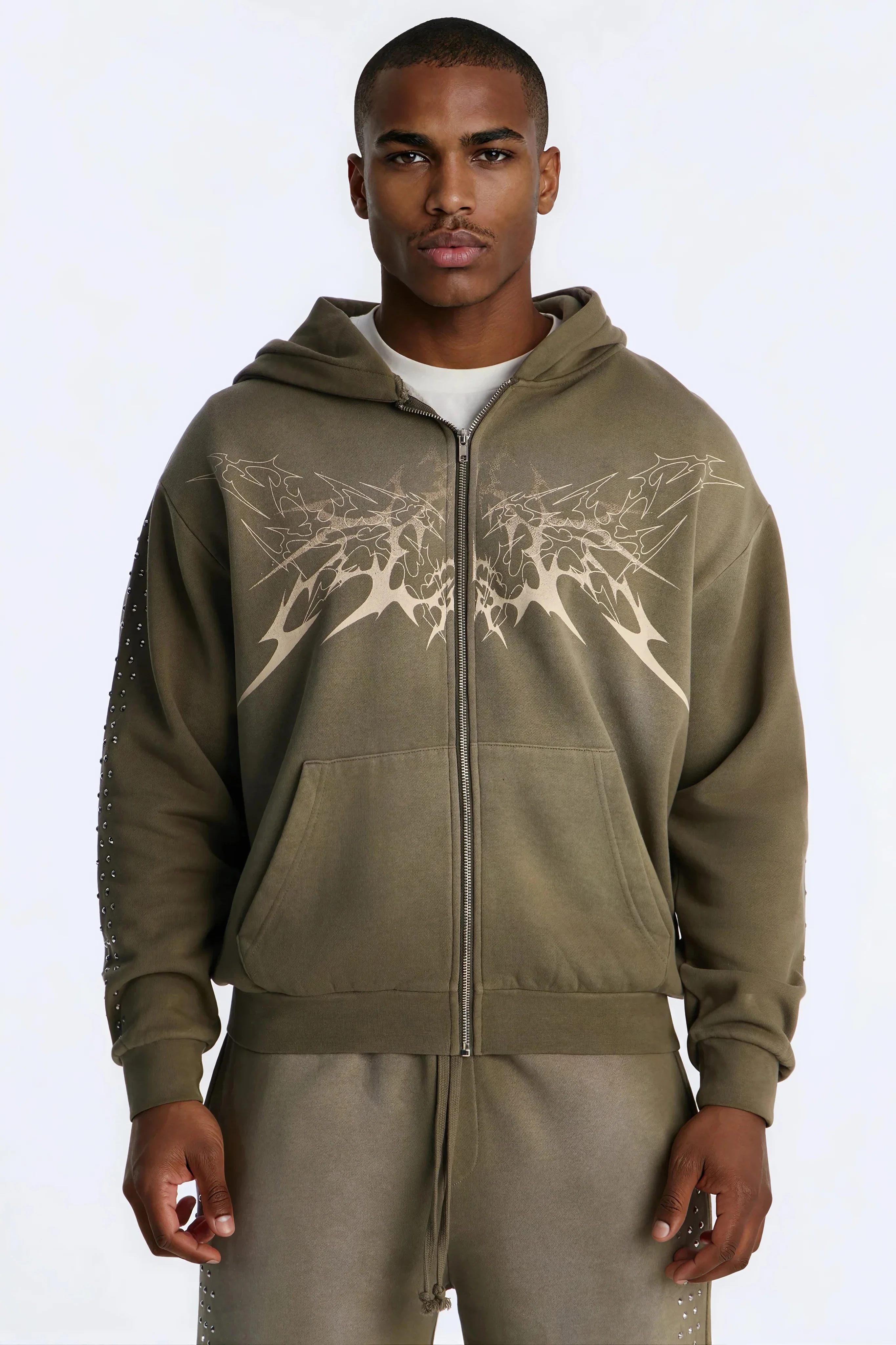 Tribal Rhinestone Zip Hoodie - Olive