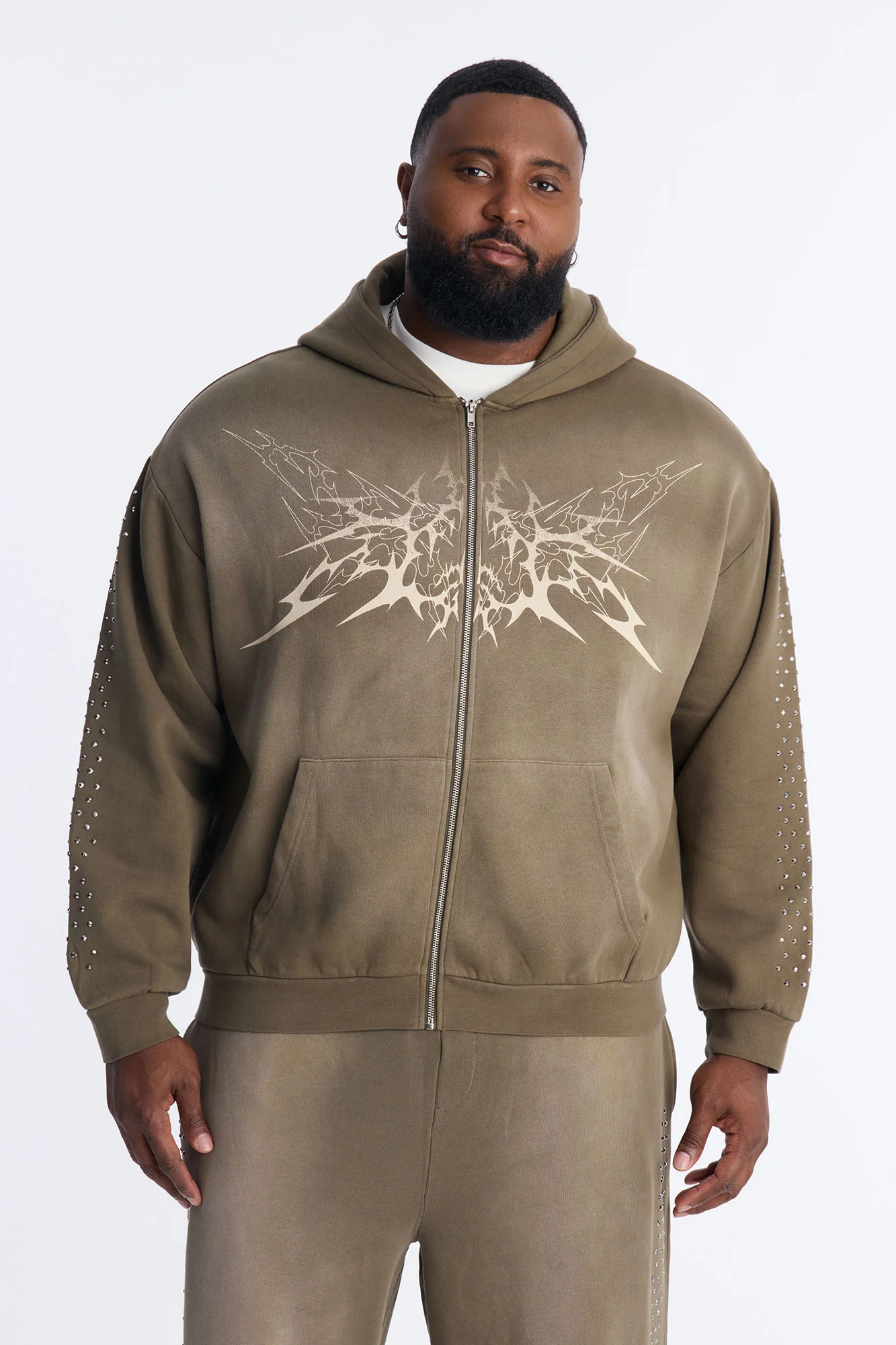 Tribal Rhinestone Zip Hoodie - Olive - Image 5