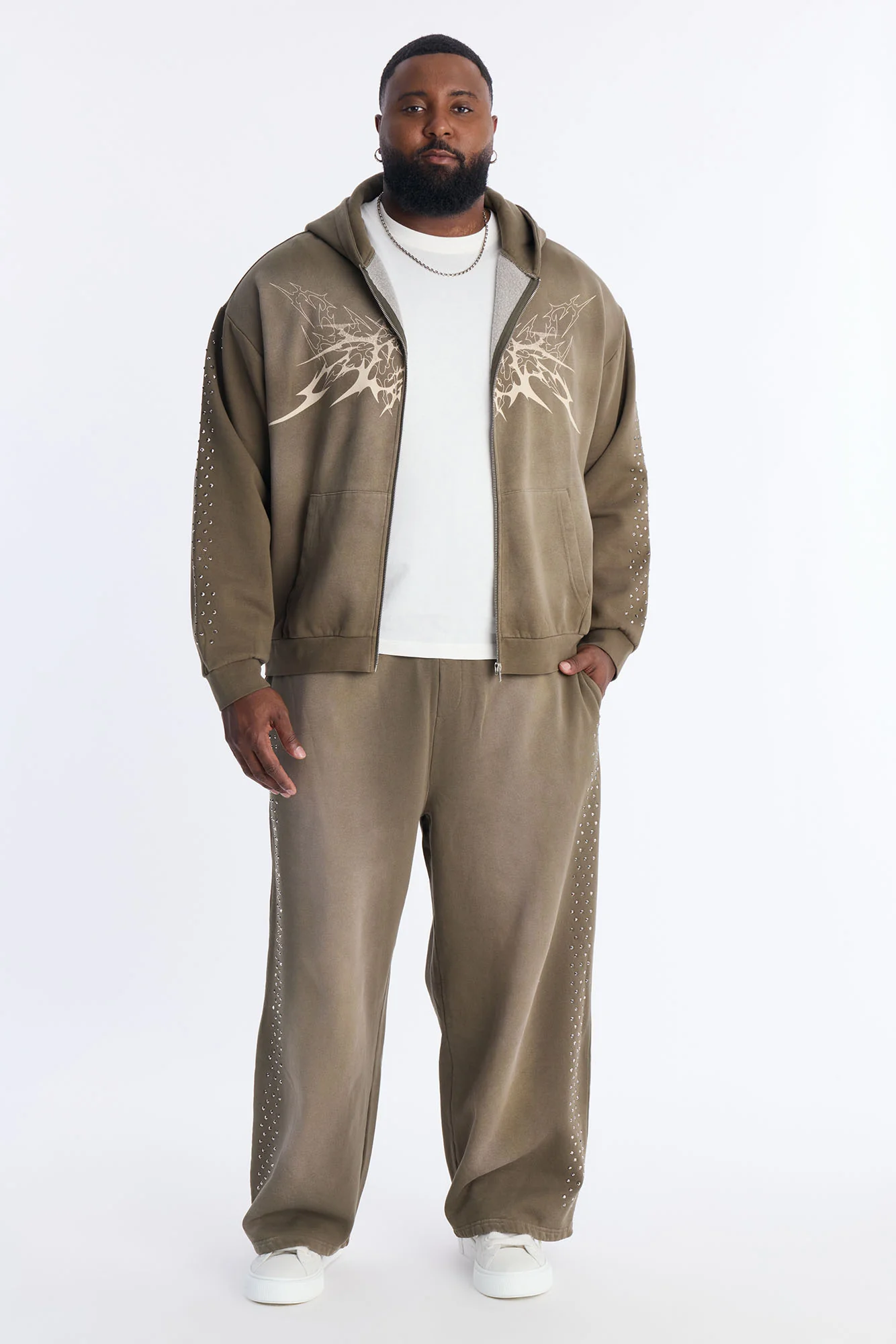 Tribal Rhinestone Zip Hoodie - Olive - Image 7
