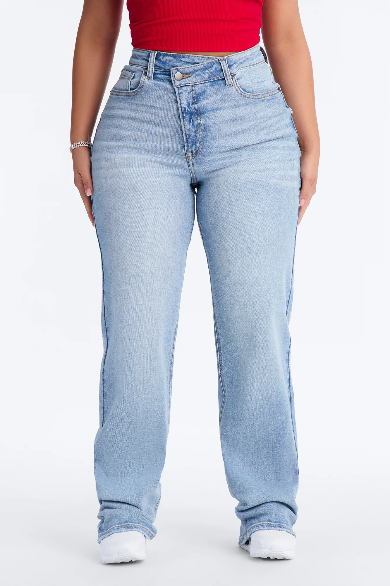 Tried And True Stretch Crossover Straight Leg Dad Jeans - Light Wash - Image 2