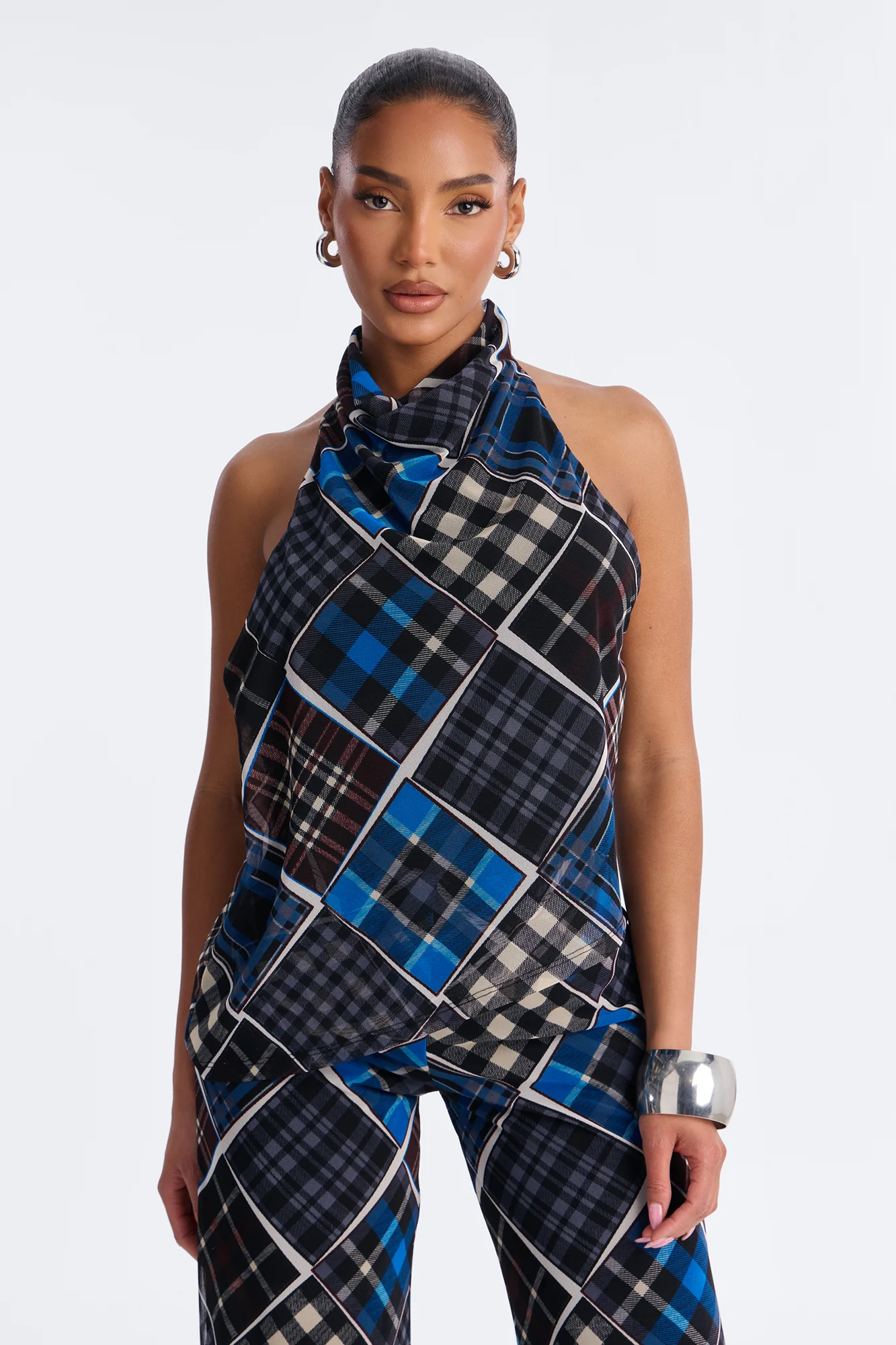 Trina Plaid Mesh Halter Pant Set - Blue/combo - Image 2
