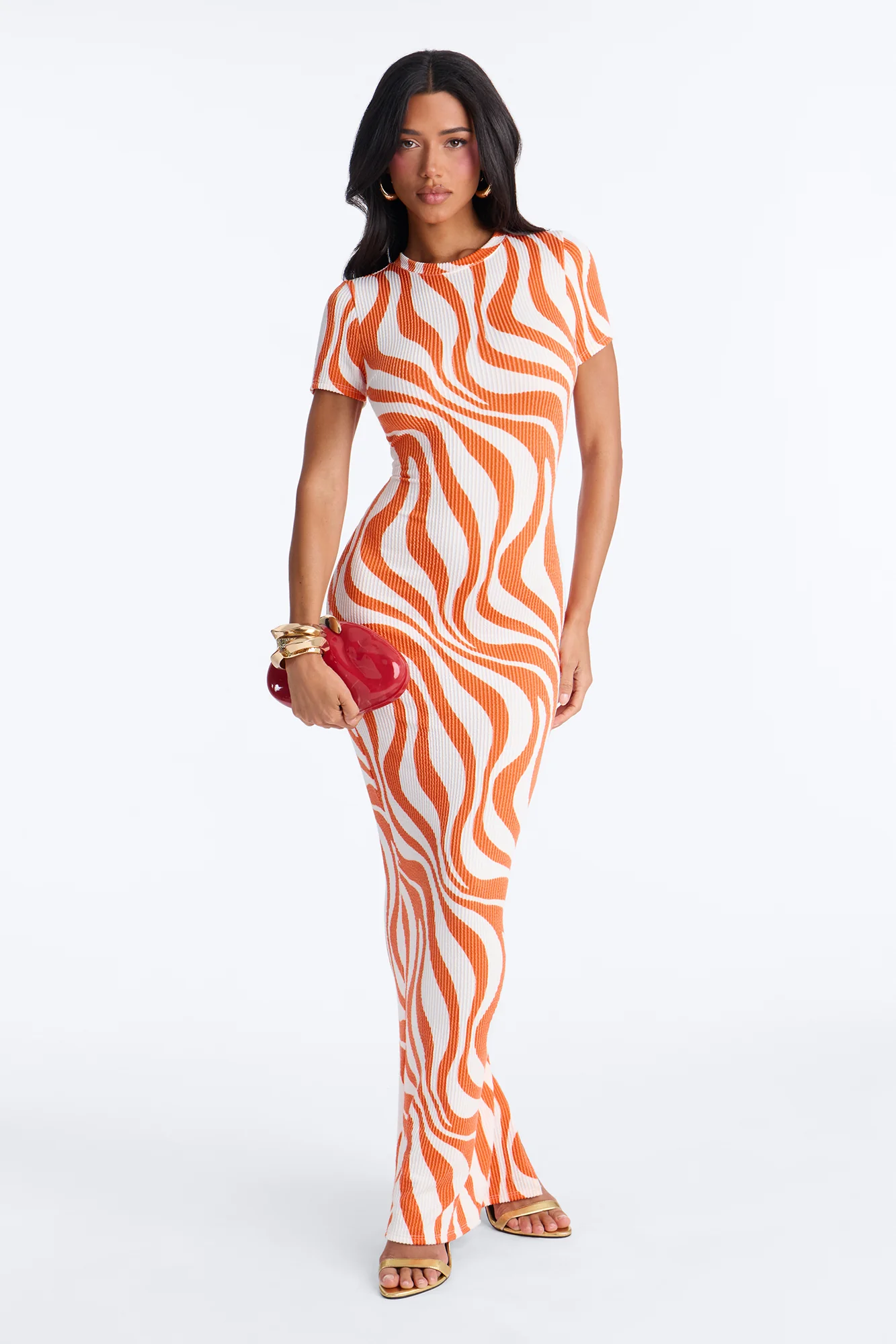Trina Short Sleeve Ribbed Maxi Dress - Orange/combo