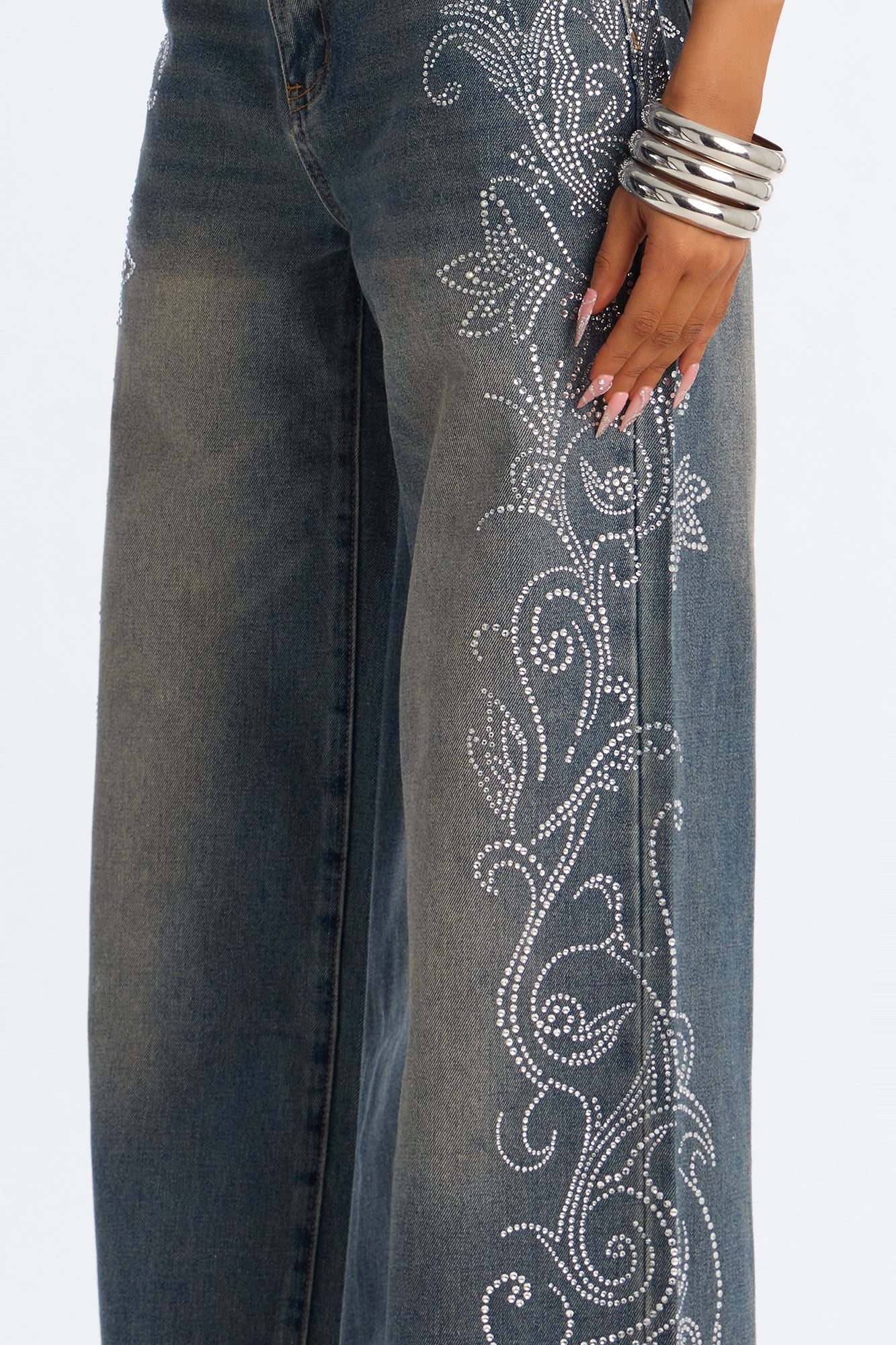 Trinity Denim Rhinestone Pant Set - Acid Wash Denim - Image 5