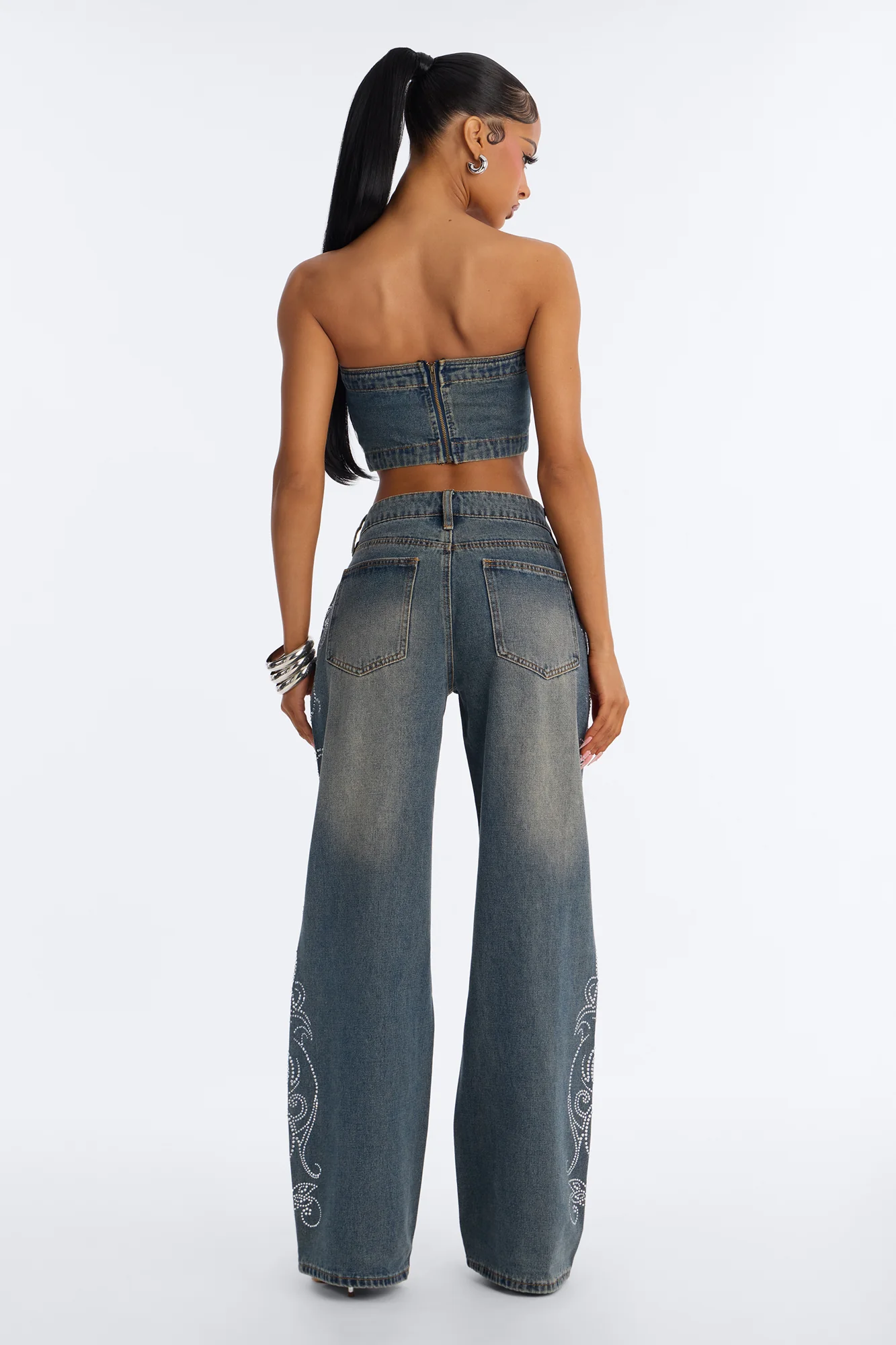 Trinity Denim Rhinestone Pant Set - Acid Wash Denim - Image 6